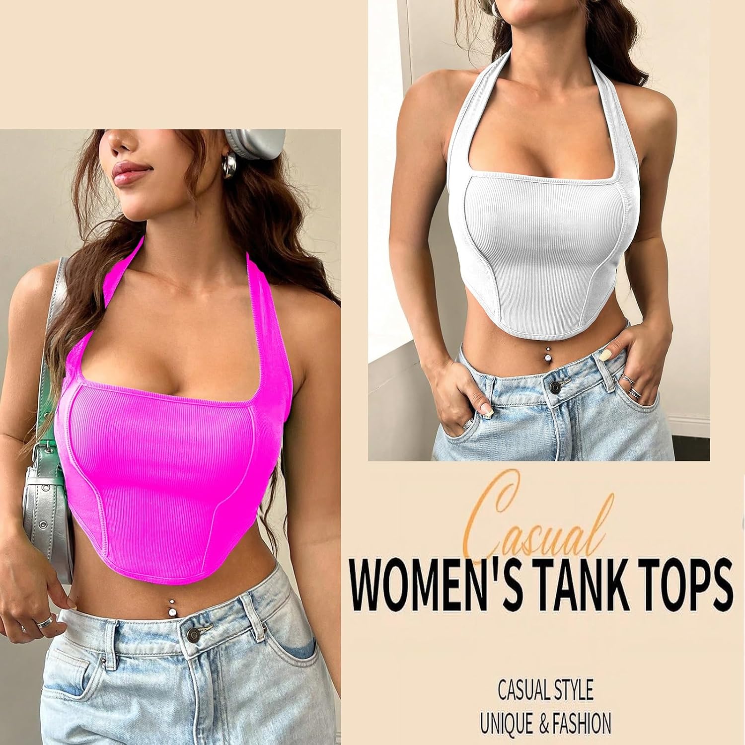 Square Neck Halter Crop Tops for Women, Fashion Hanging Neck Casual Versatile Tank Top