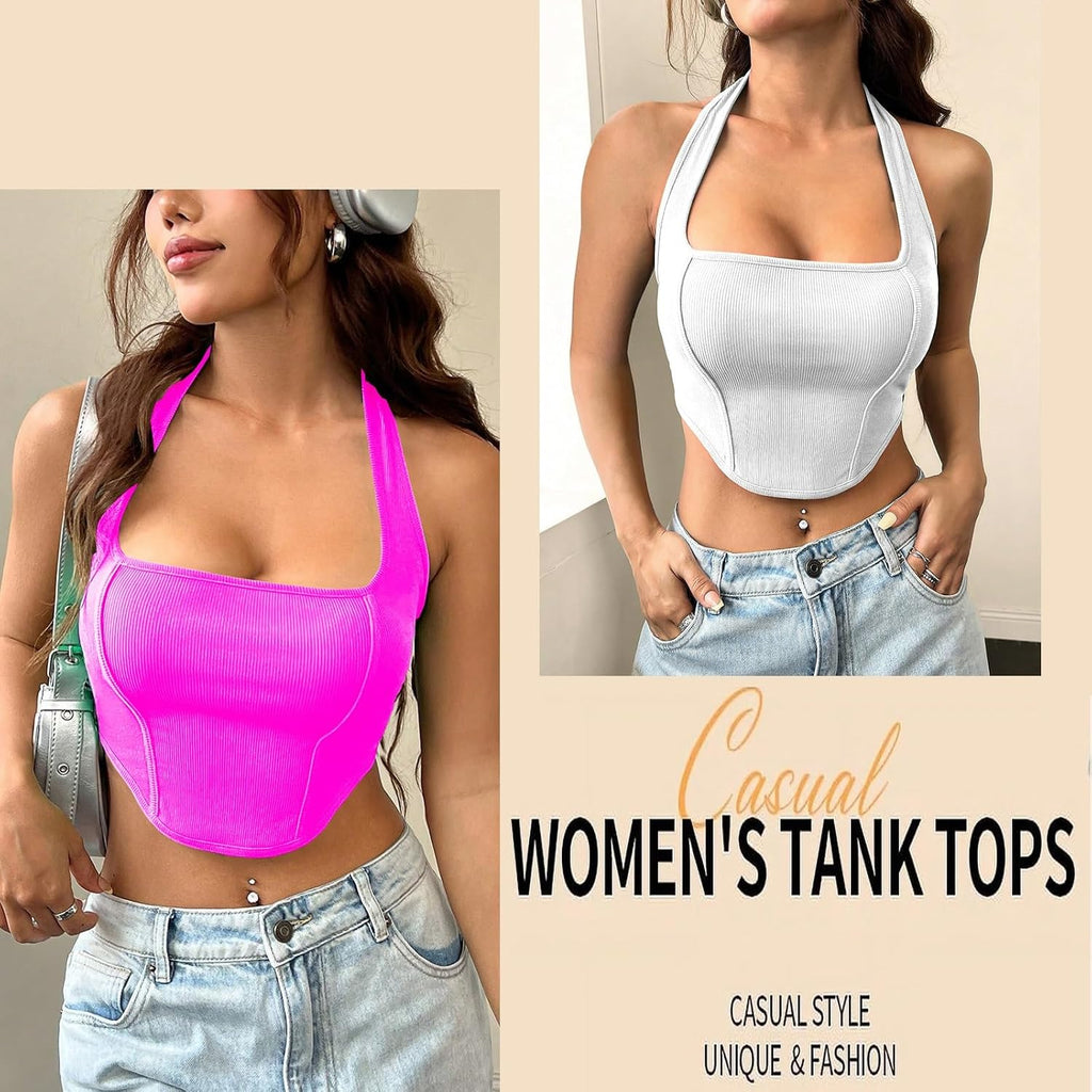 Square Neck Halter Crop Tops for Women, Fashion Hanging Neck Casual Versatile Tank Top