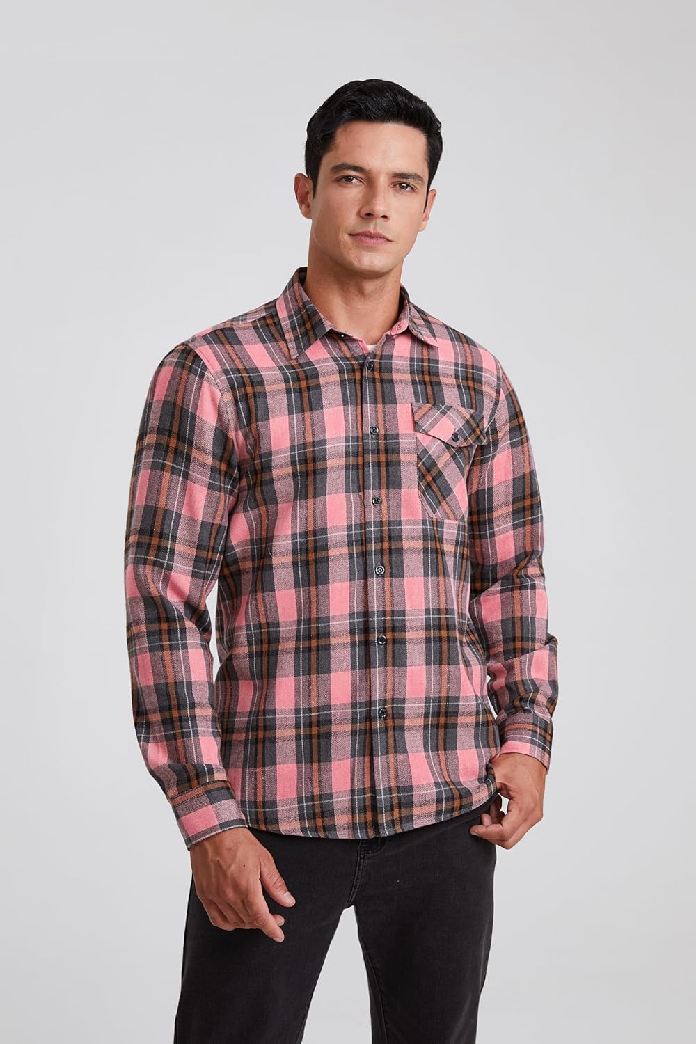 HISDERN Långärmad vardaglig rutig flanellskjorta rutig tartan button-down-skjortor för män S-4XL