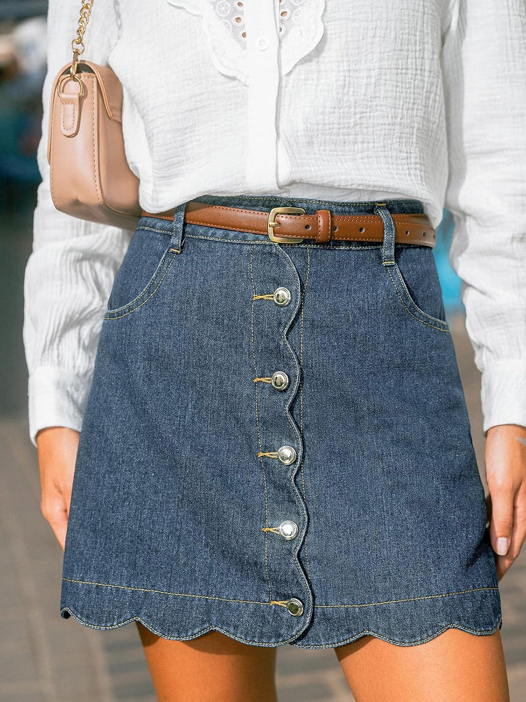 CUPSHE kvinnor denim kjol vardaglig hög midja A-linje skulpterad fåll mini jeanskjol med fickor