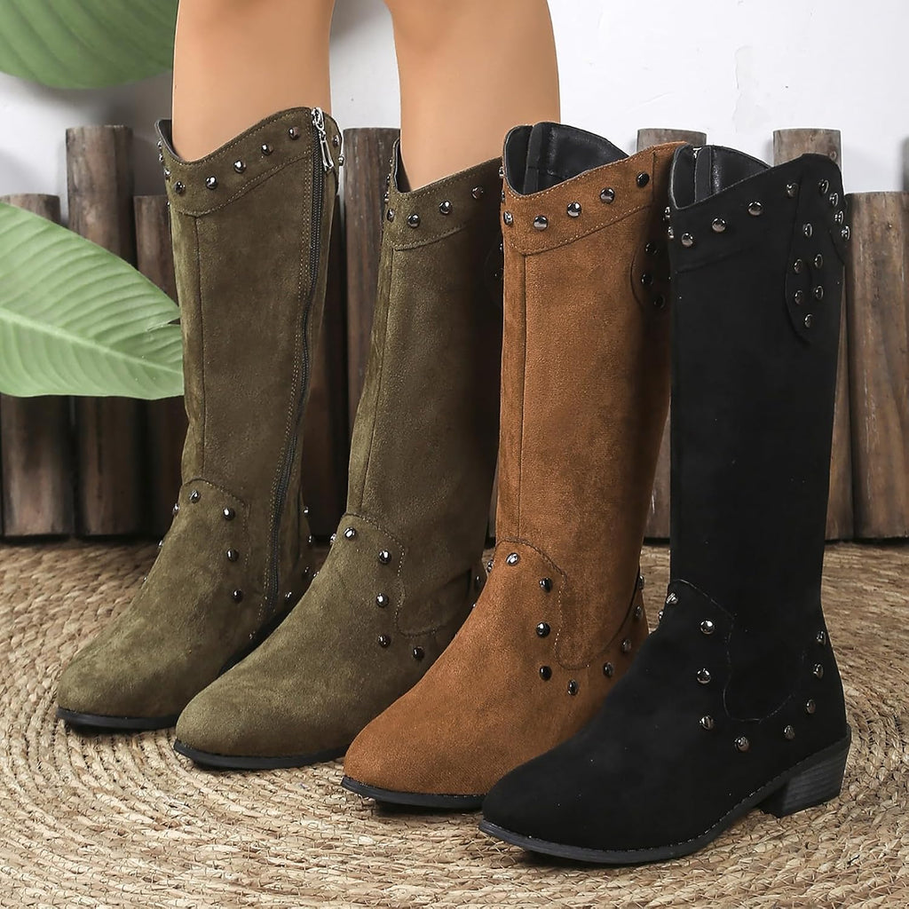 Generiska dam västerländska stövlar med klack, cowboystövlar dam medelstora höga vandringskängor med blockklack övergångsstövlar vintage halvstövlar western cowgirl stövlar slip-stövlar Chelsea
