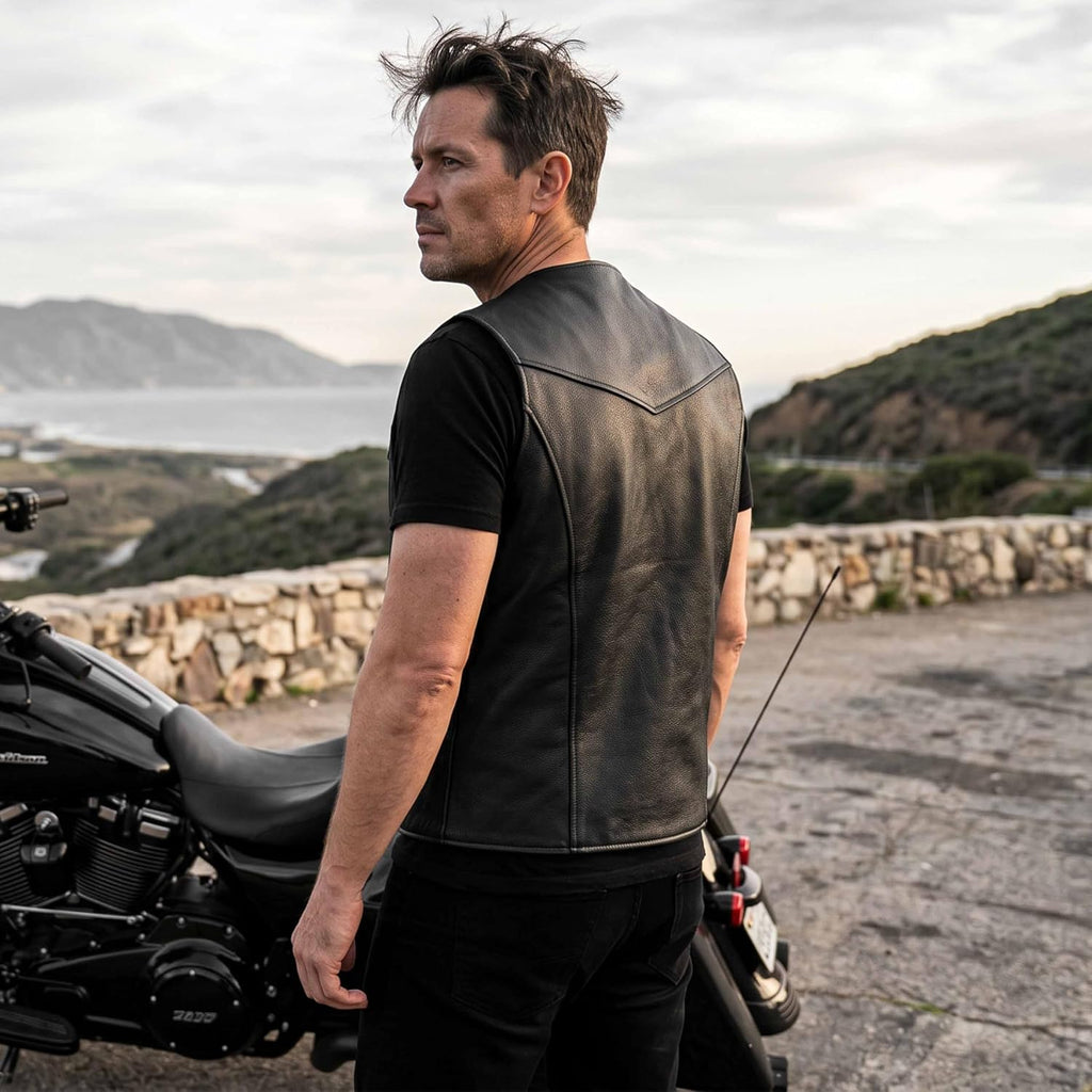 Leatherick män äkta läder väst svart - cyklist stil casual mode