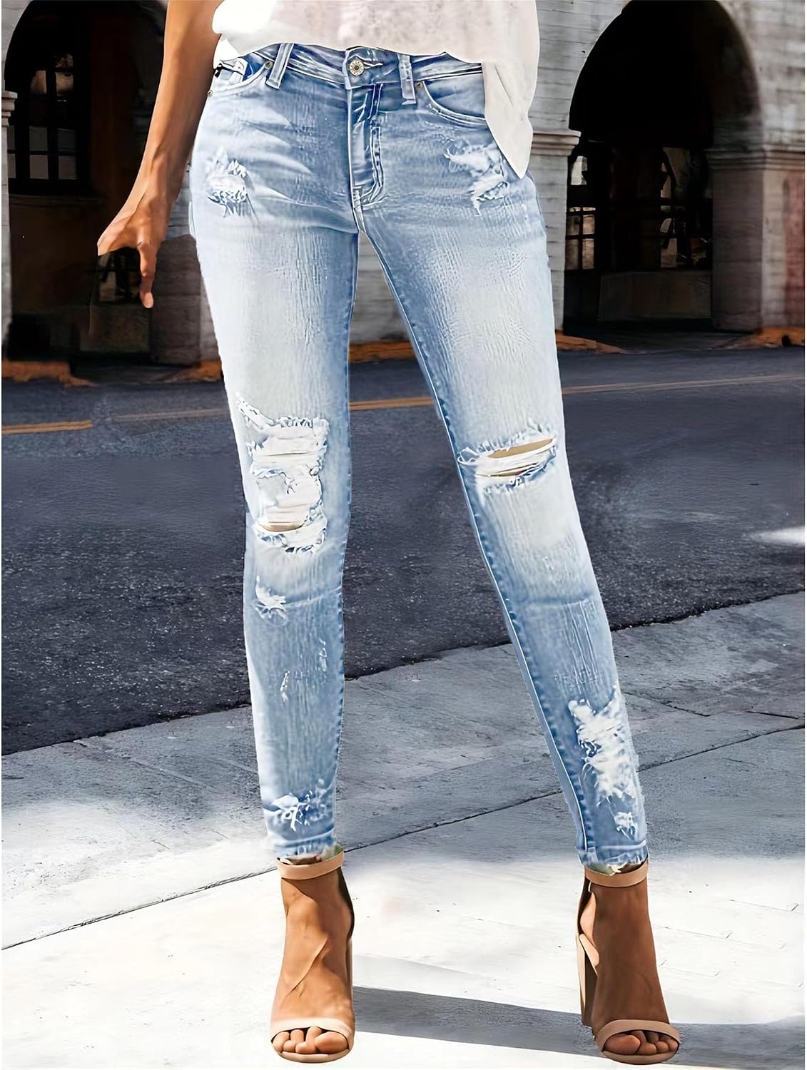 Trendiga jeans för kvinnor 2025 Skinny Ripped Trendiga jeans Distressed Stretchy jeansbyxor