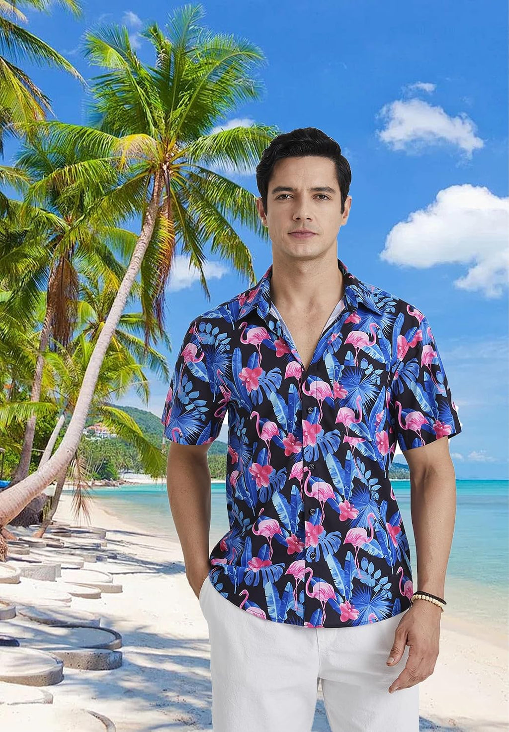 Enlision Funky Hawaii-skjorta för män, kortärmad, fritid, Hawaii-skjorta, tryck, ananas palmer, blommor, ledig, unisex, Hawaii-skjorta med framficka, S-2XL