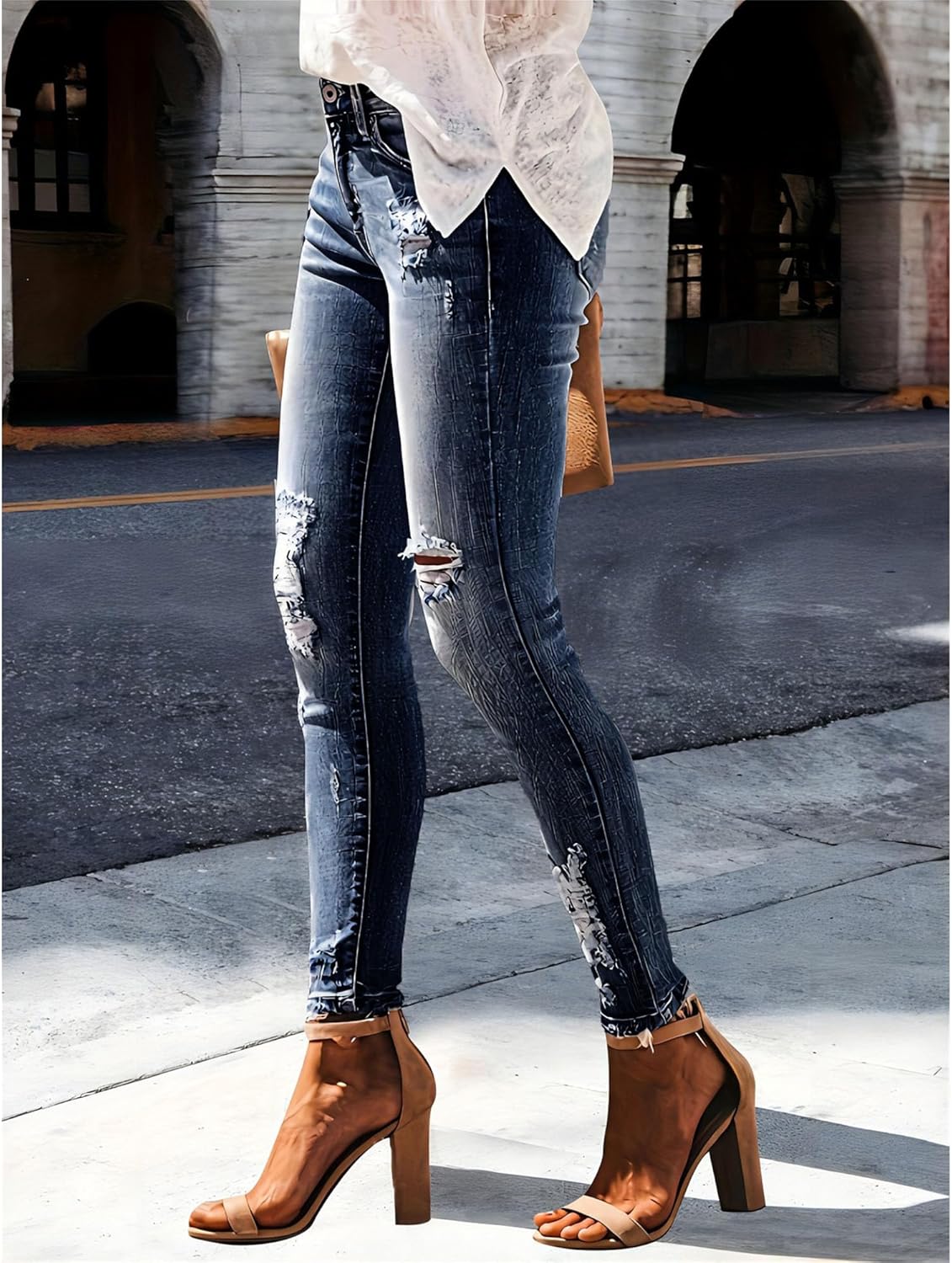 Trendiga jeans för kvinnor 2025 Skinny Ripped Trendiga jeans Distressed Stretchy jeansbyxor