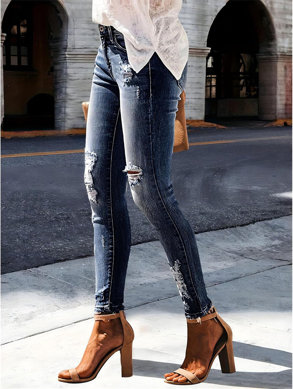 Trendiga jeans för kvinnor 2025 Skinny Ripped Trendiga jeans Distressed Stretchy jeansbyxor