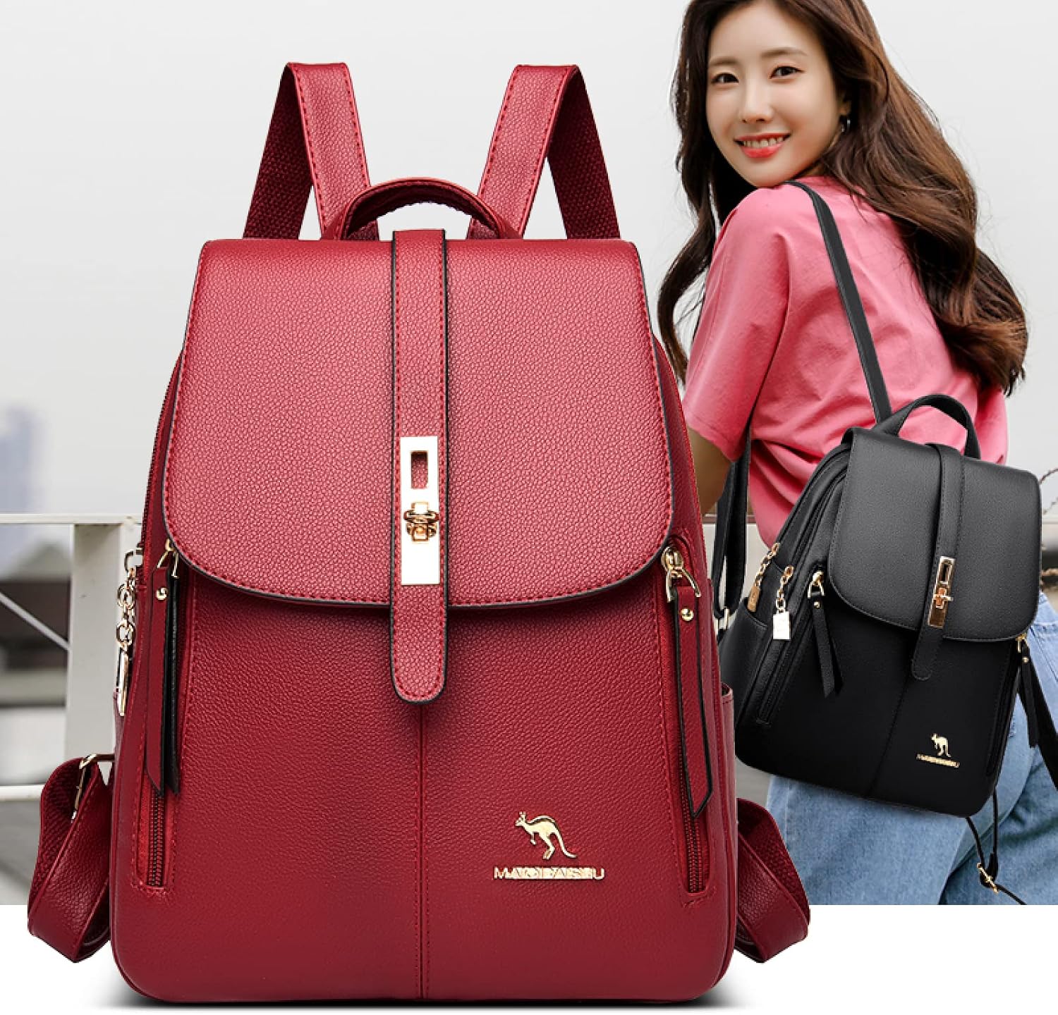 Backpack Purse Women Shoulder Bags Leather Backpacks Female Dayback Large Capacity School Bag For Girls,Blue,24 * 14 * 30CM