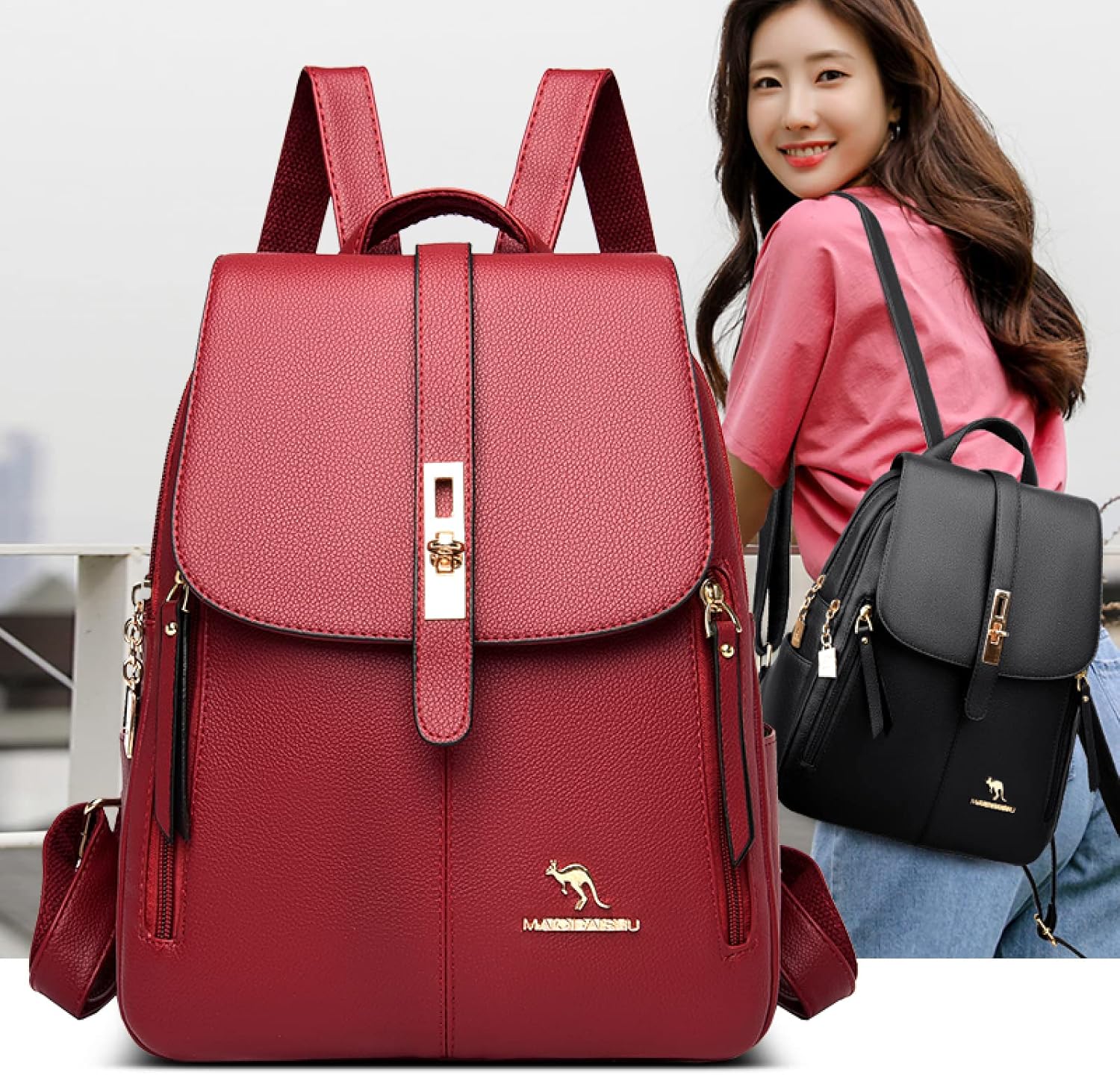 Backpack Purse Women Shoulder Bags Leather Backpacks Female Dayback Large Capacity School Bag For Girls,Blue,24 * 14 * 30CM