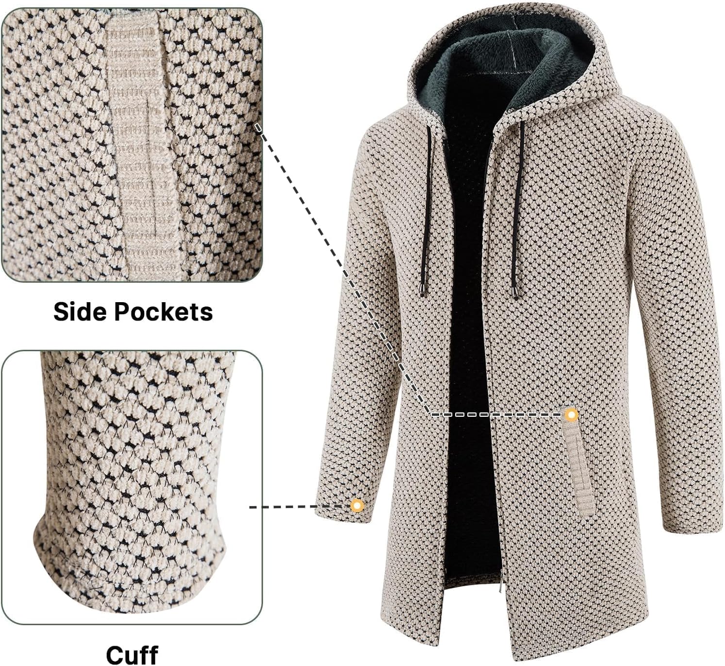 KUDORO Herrcardigan lång väst med dragkedja stickad kofta huvtröja tjock och ledig fleece tröja huvtröja