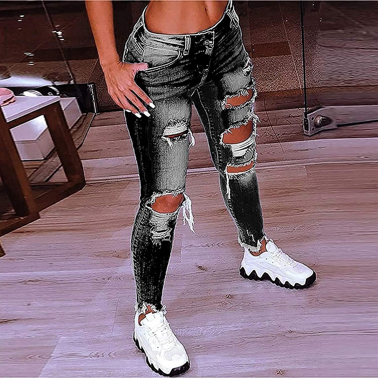 Hög Midja Ripped Jeans Kvinnor Jeans Byxor Kvinnor Hål Skinny Jeans Byxor Kvinnor Ripped Destroyed Denim Jeans Relaxed Women Stretch Slim Fit Ripped Broken Pants Jeans Leggings Women Large Jeans för k