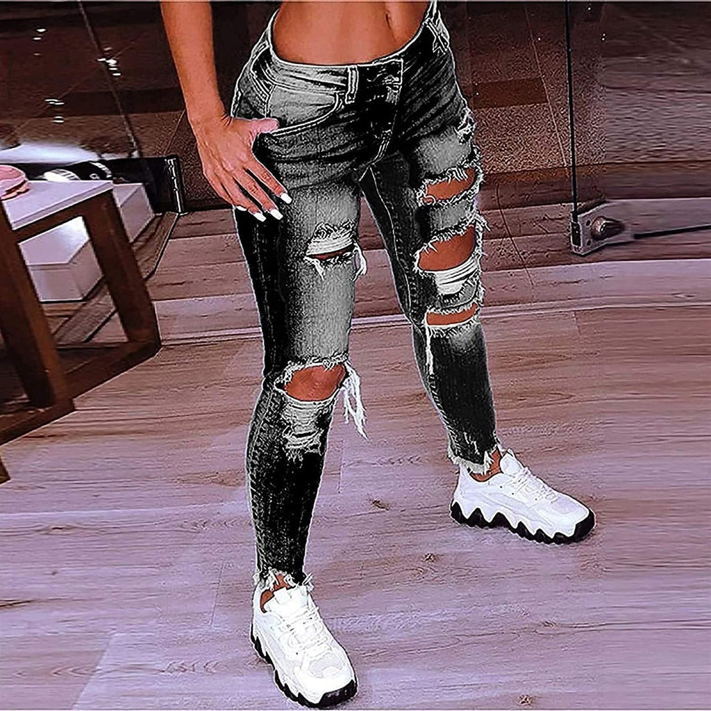 Hög Midja Ripped Jeans Kvinnor Jeans Byxor Kvinnor Hål Skinny Jeans Byxor Kvinnor Ripped Destroyed Denim Jeans Relaxed Women Stretch Slim Fit Ripped Broken Pants Jeans Leggings Women Large Jeans för k