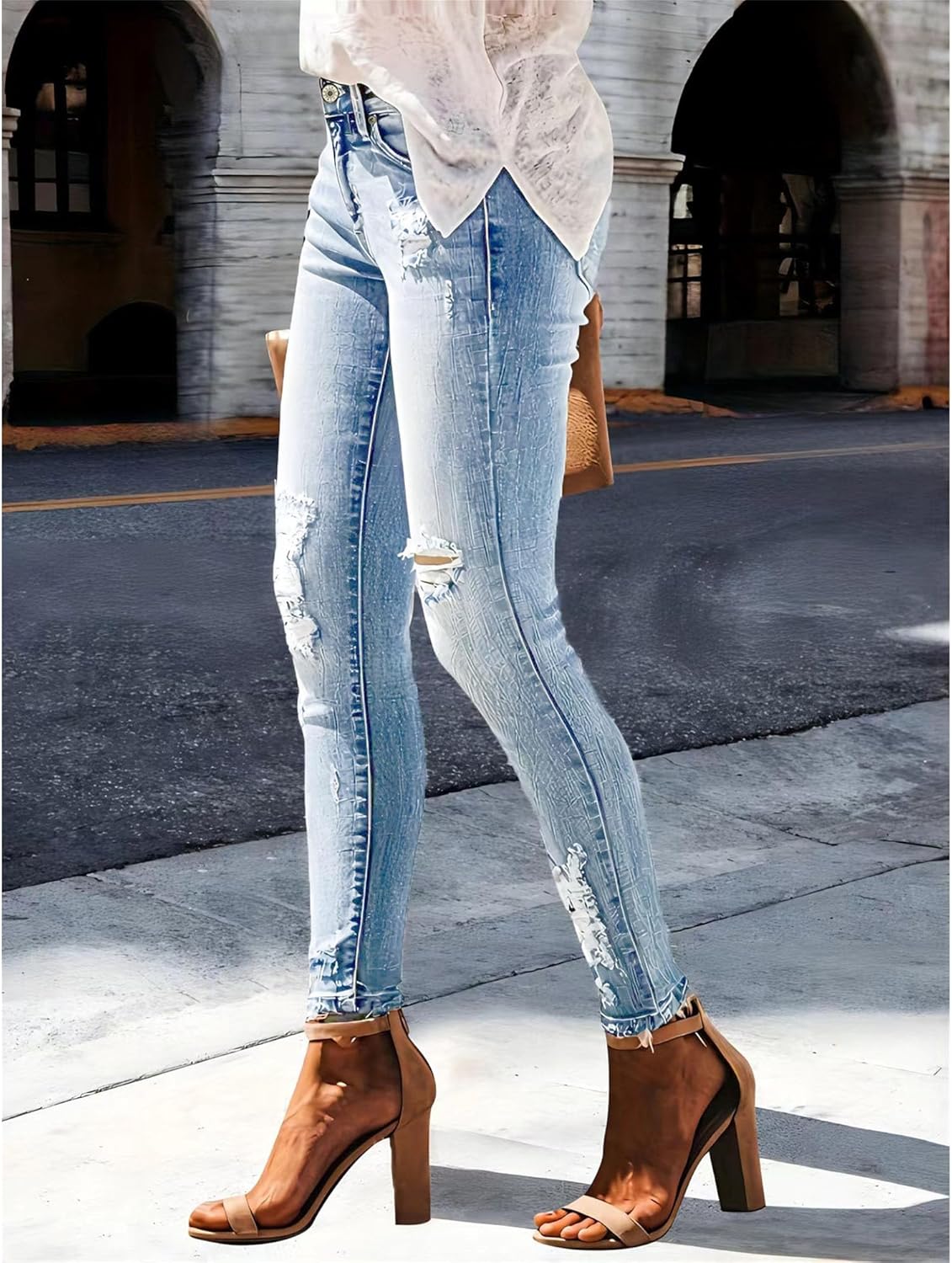 Trendiga jeans för kvinnor 2025 Skinny Ripped Trendiga jeans Distressed Stretchy jeansbyxor