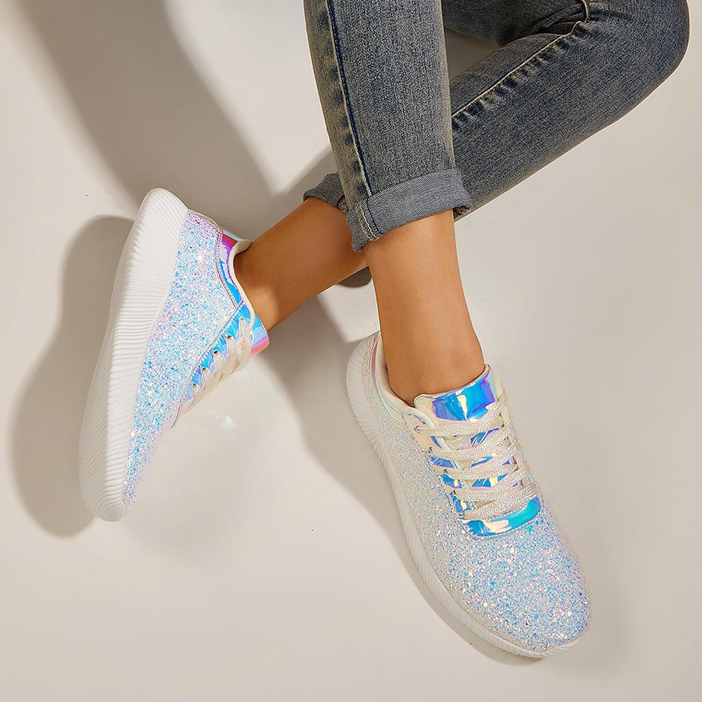 LUCKY STEP Briljanta sneakers för kvinnor med strass och metallpaljetter, lätta tennisskor