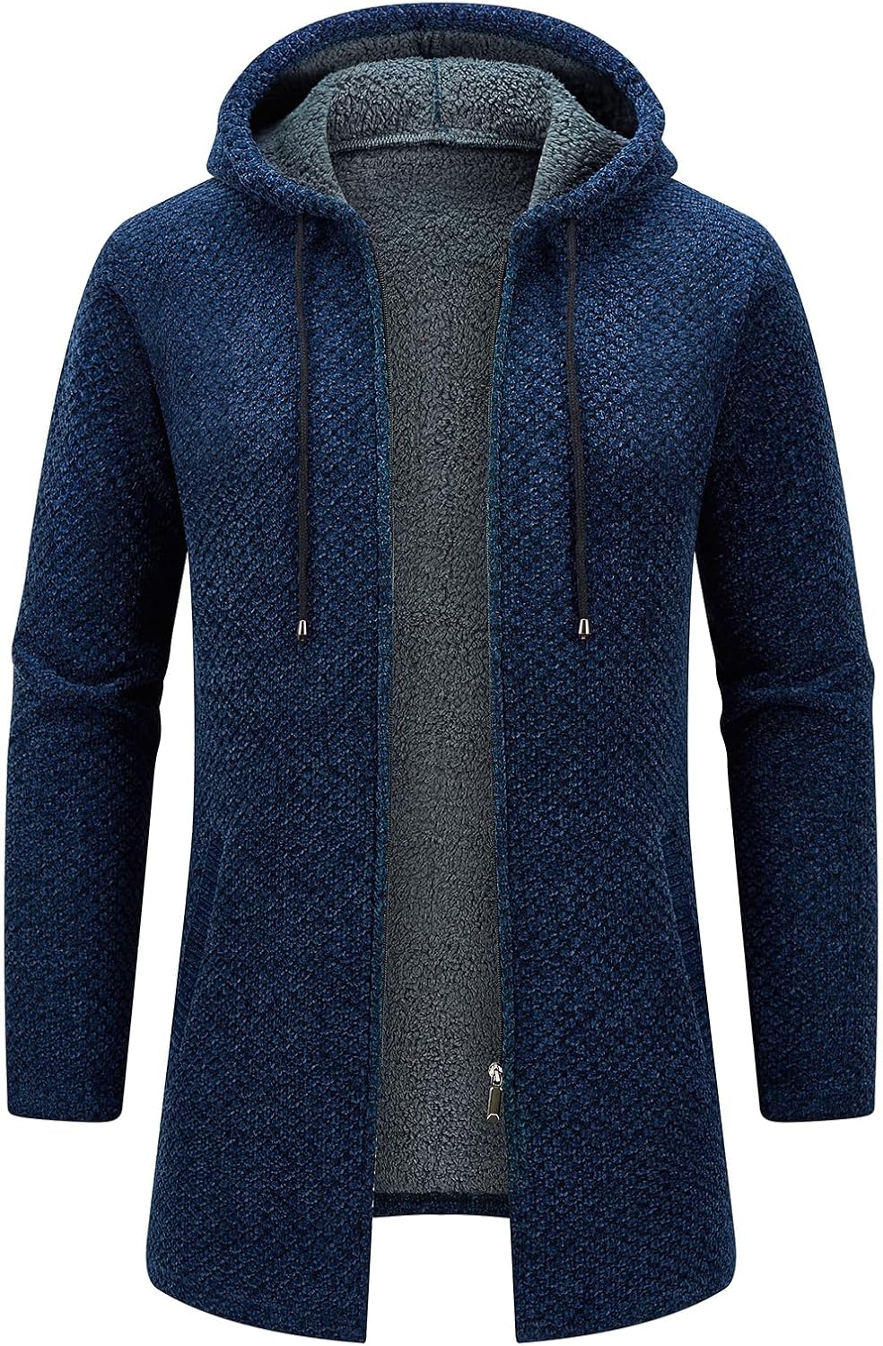 KUDORO Herrcardigan lång väst med dragkedja stickad kofta huvtröja tjock och ledig fleece tröja huvtröja