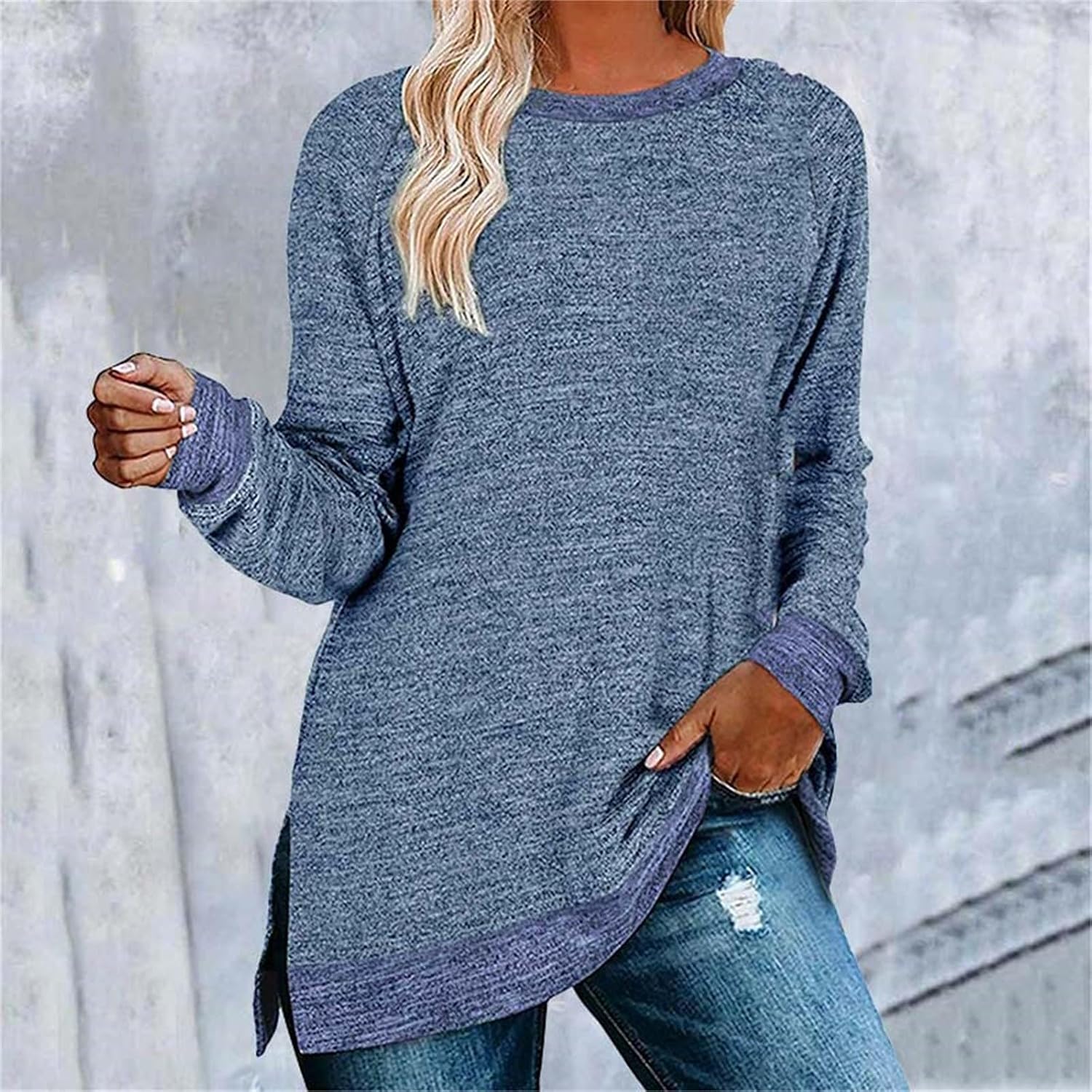 HUIFUAO T-shirt för kvinnor långärmad rund hals färgblock delad topp lös pullover topp skjorta kvinnor svart plus size t-shirt