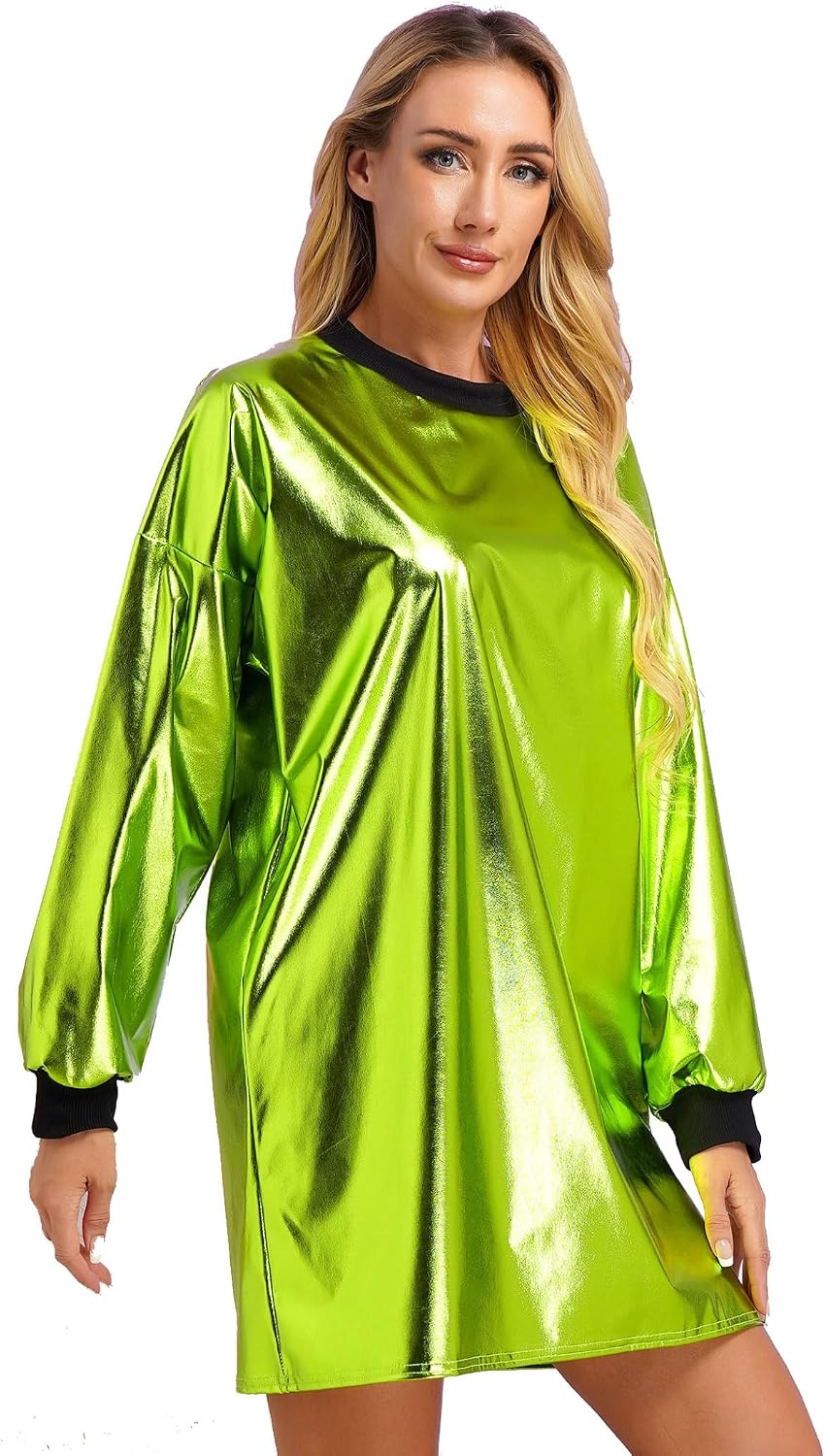 Kvinnlig Metallisk Glänsande Discodans Tshirtklänning Med Långa Ärmar Och Ribbade Kantar Slapp Och Rakt Cut