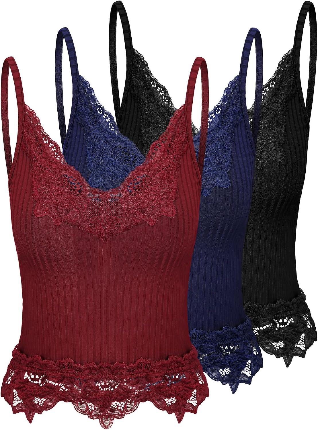 Bencailor 3 Pcs Women's Lace Tank Tops Y2k Camisole Lace Patchwork Crop Tops Grunge Style Ribbed Knitted Clothing(S,Burgundy, Navy Blue, Black)