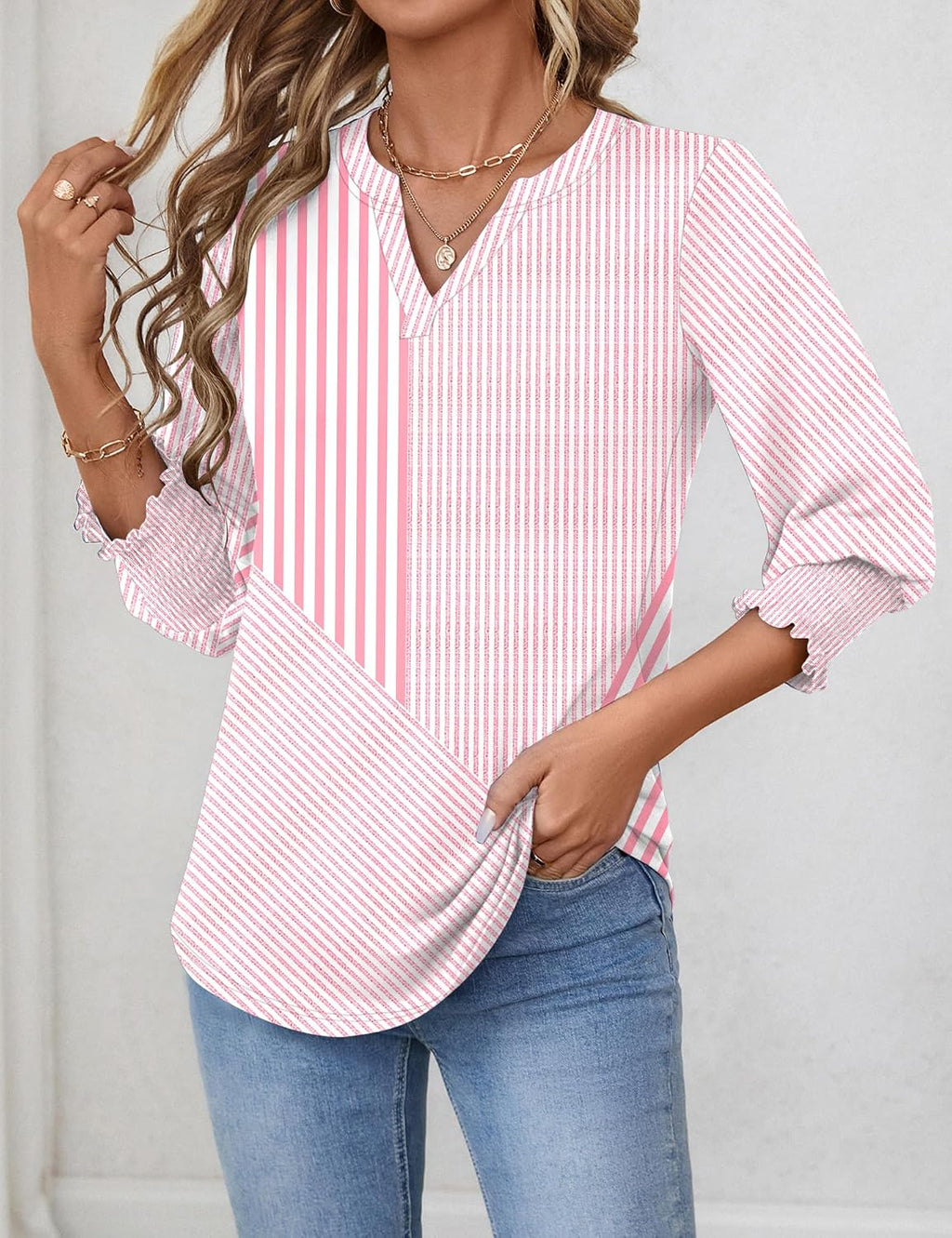 Rapbin Damblus med 3/4-ärm, lång V-ringad tunika, sommartopp, elegant, ledig blus, topp
