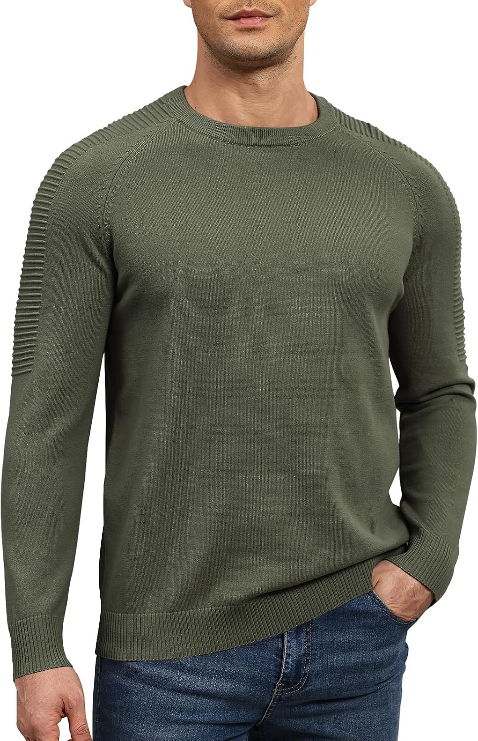 herr rund hals raglan långärmad jumper enfärgad termisk stickad pullover axel ribbning detalj 100 % bomull klassiska stickade kläder höst vinter