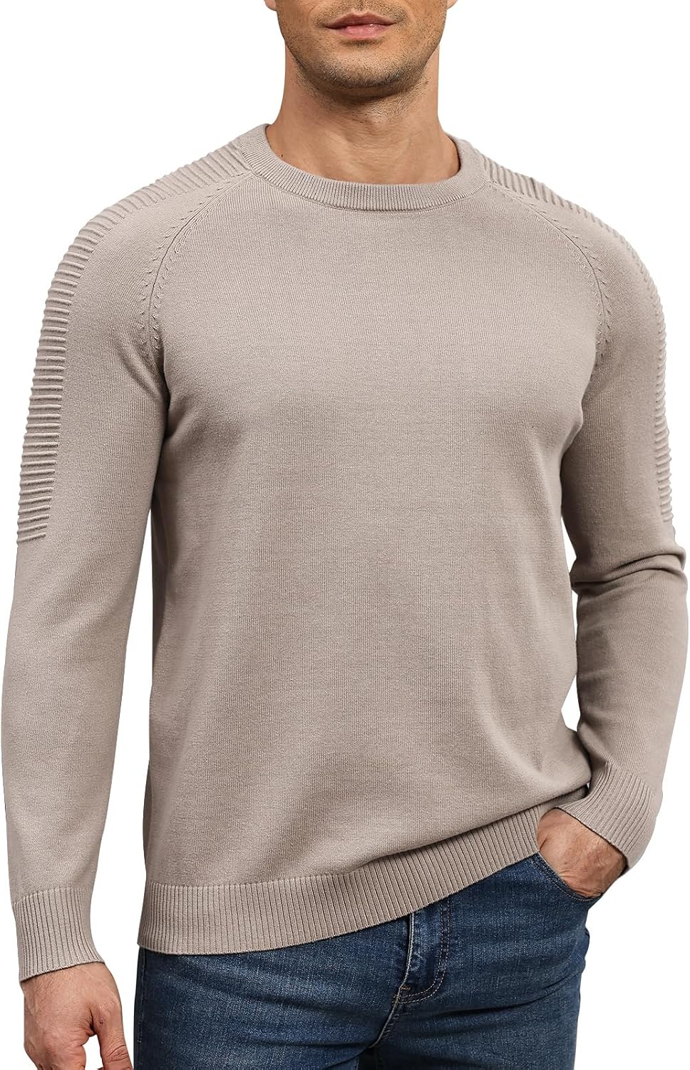 herr rund hals raglan långärmad jumper enfärgad termisk stickad pullover axel ribbning detalj 100 % bomull klassiska stickade kläder höst vinter