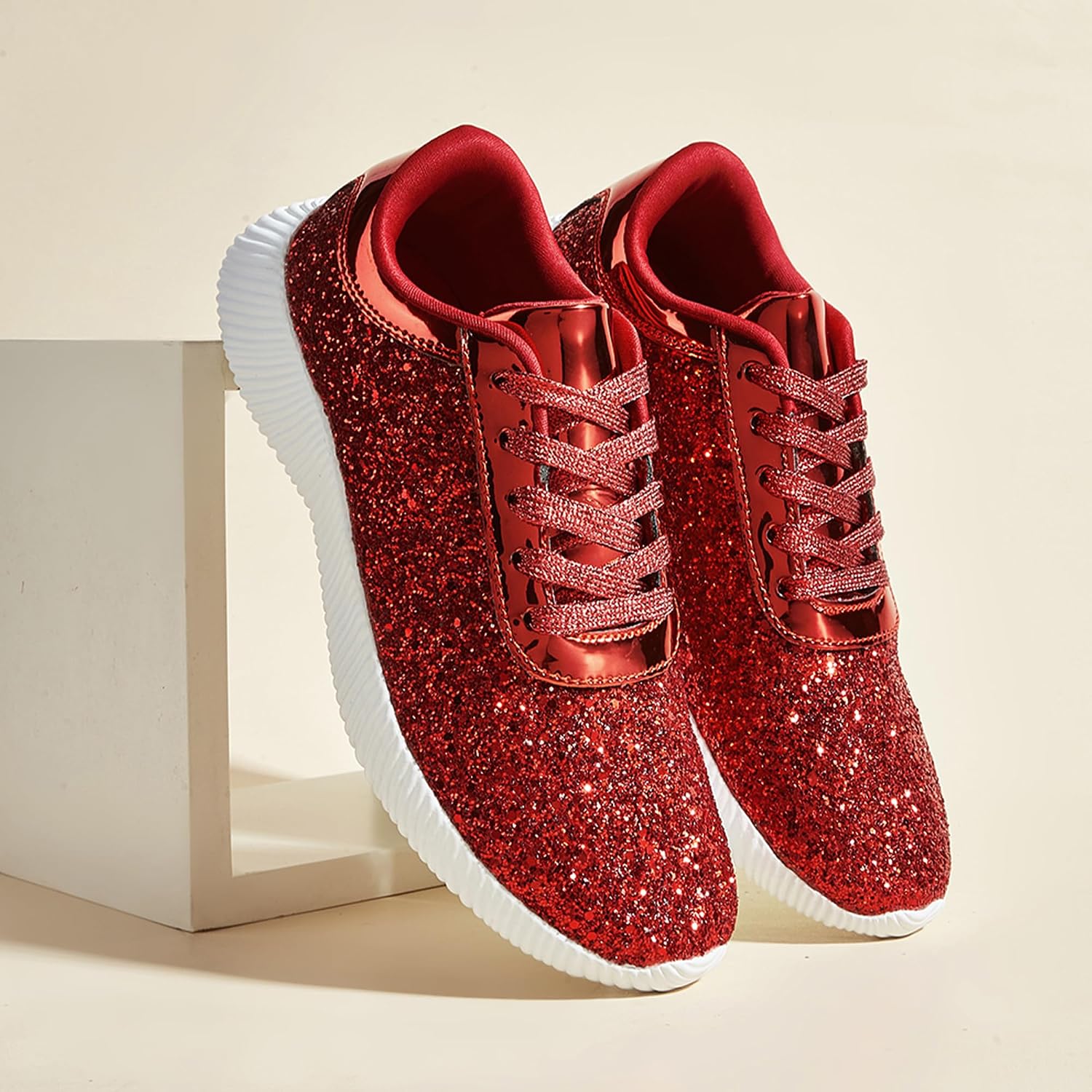 LUCKY STEP Briljanta sneakers för kvinnor med strass och metallpaljetter, lätta tennisskor