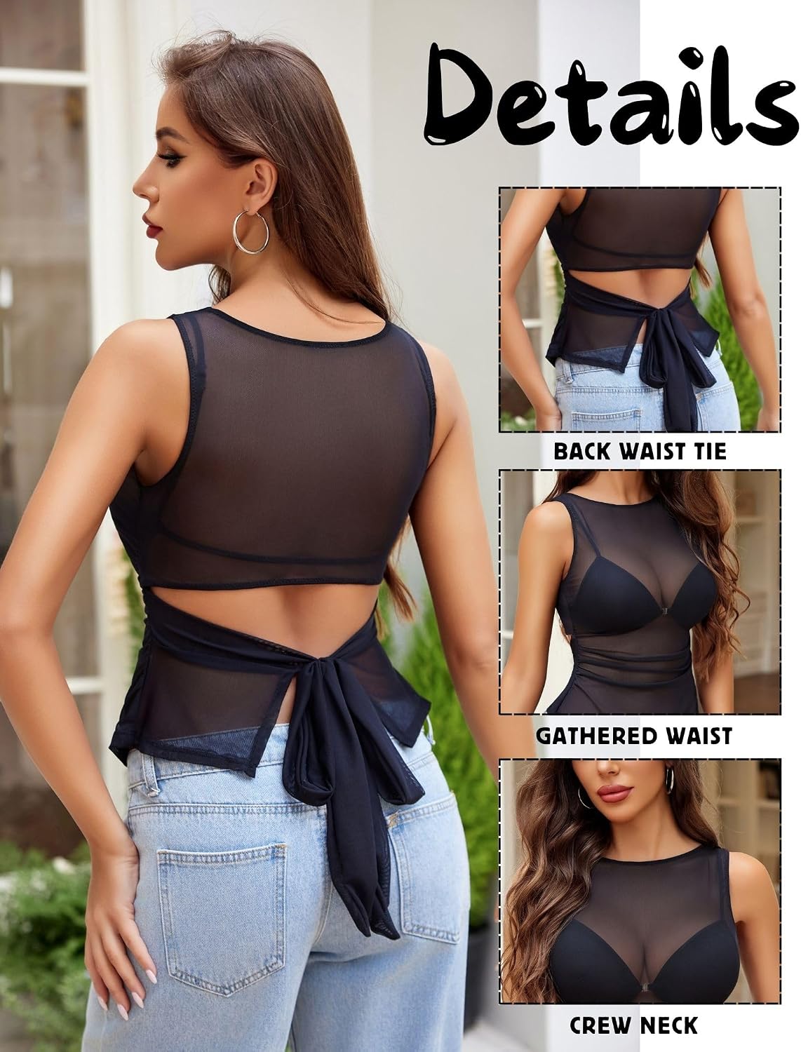 Avidlove Dam elegant genomsytt topp ärmlös linne sexig transparent bodys spets mesh festival outfit rave slim fit undertröjor camisole linne