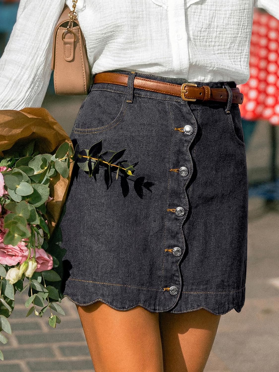 CUPSHE kvinnor denim kjol vardaglig hög midja A-linje skulpterad fåll mini jeanskjol med fickor