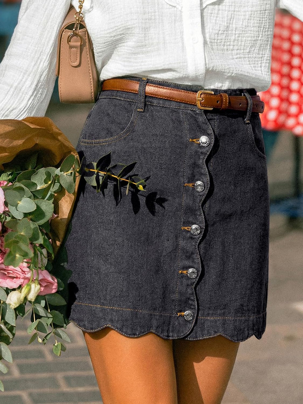 CUPSHE kvinnor denim kjol vardaglig hög midja A-linje skulpterad fåll mini jeanskjol med fickor