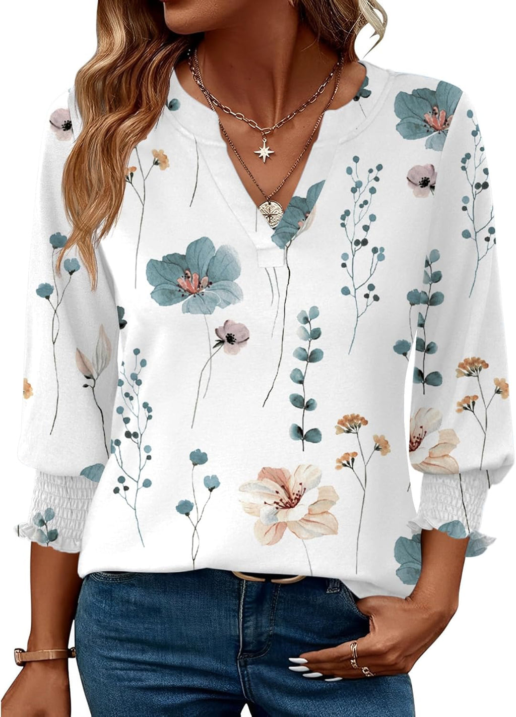 Rapbin Damblus med 3/4-ärm, lång V-ringad tunika, sommartopp, elegant, ledig blus, topp