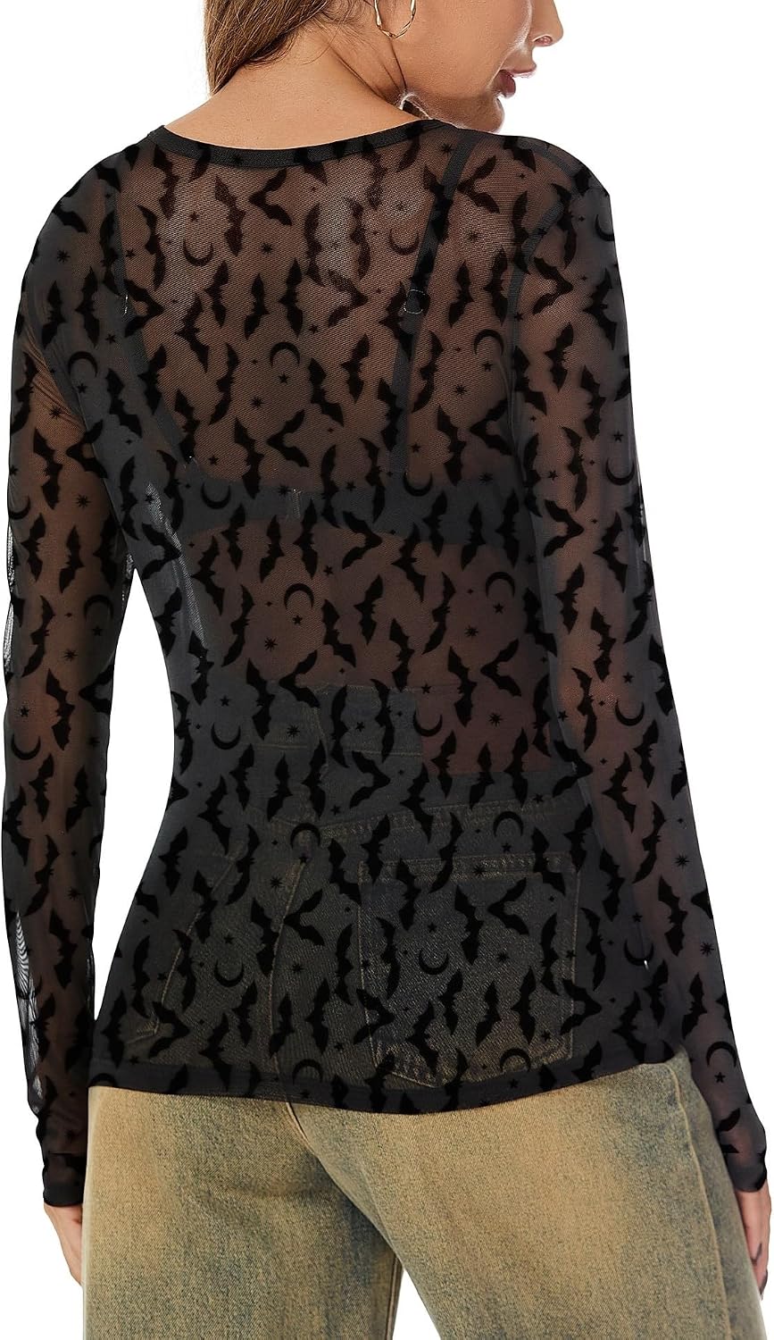 IECCP Nättopp damer sexig nättopp transparent nät topp svart nät sheer toppar långärmad skjorta casual toppar ren blus tyll nät t-shirt tunika klubbkläder party gå ut musikfestival