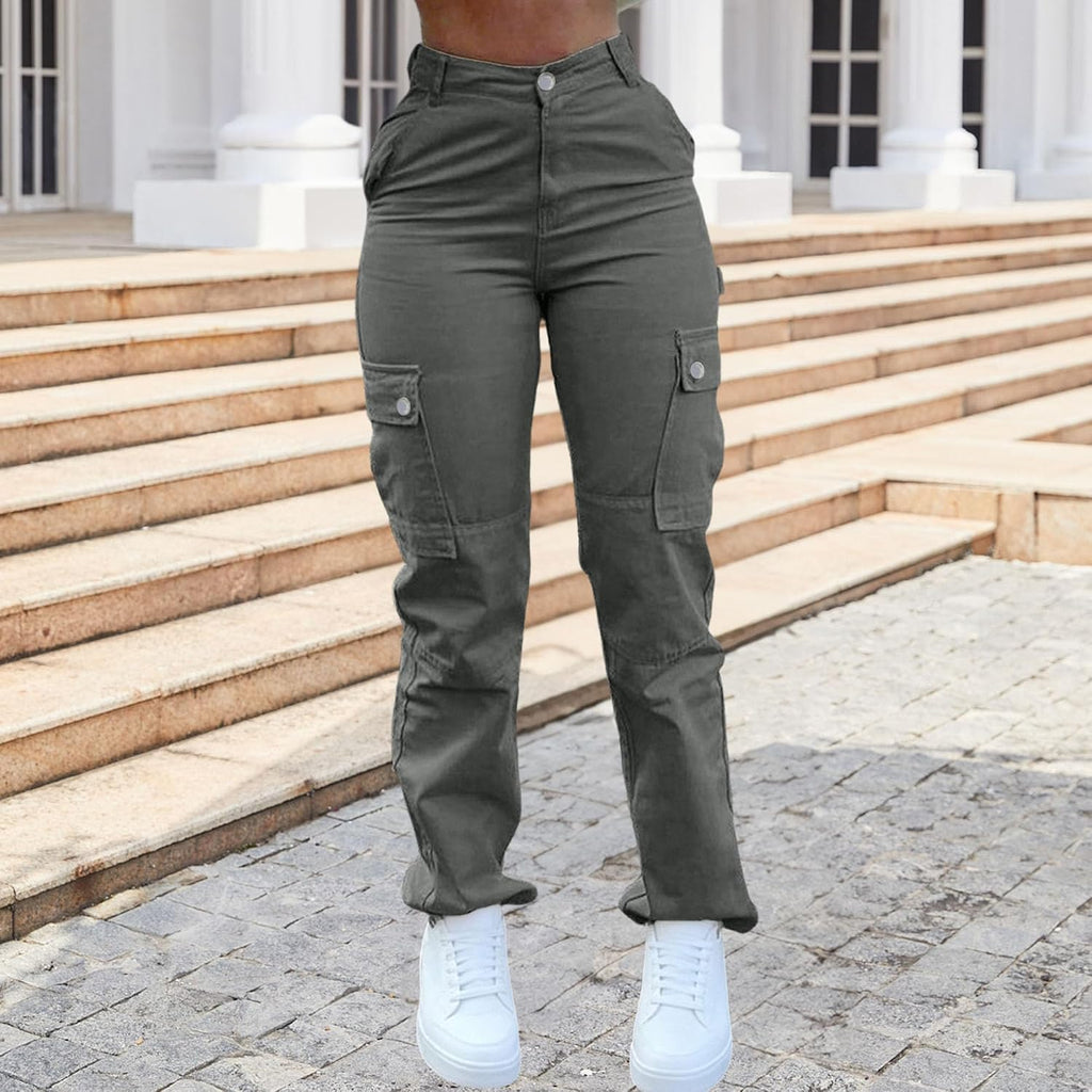 Cargobyxor för kvinnor hög midja raka ben vardagliga arbetsbyxor multi lös passform streetwear byxor