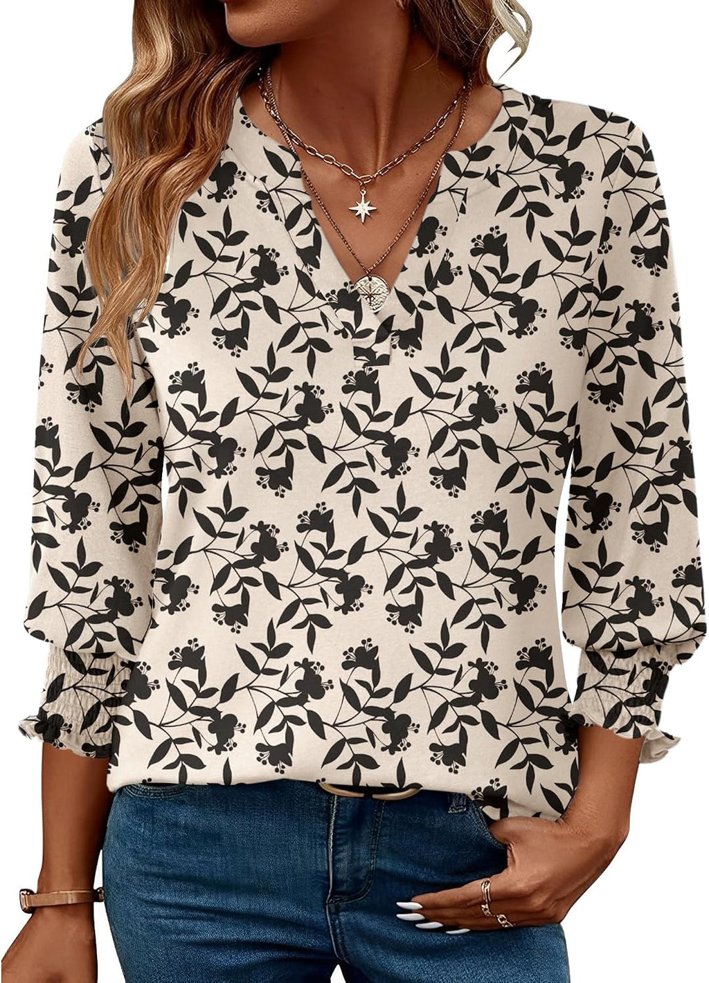 Rapbin Damblus med 3/4-ärm, lång V-ringad tunika, sommartopp, elegant, ledig blus, topp