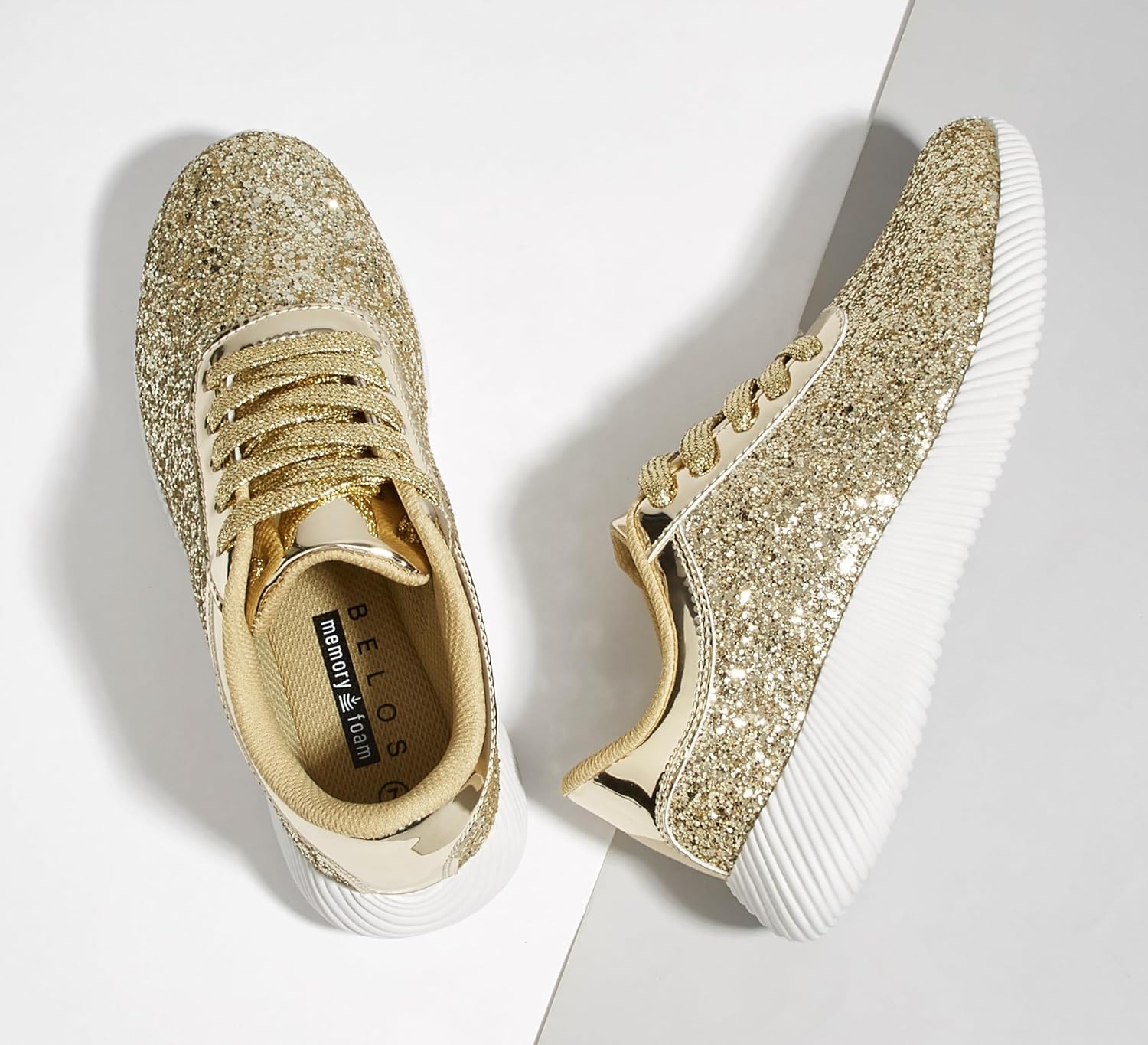 LUCKY STEP Briljanta sneakers för kvinnor med strass och metallpaljetter, lätta tennisskor