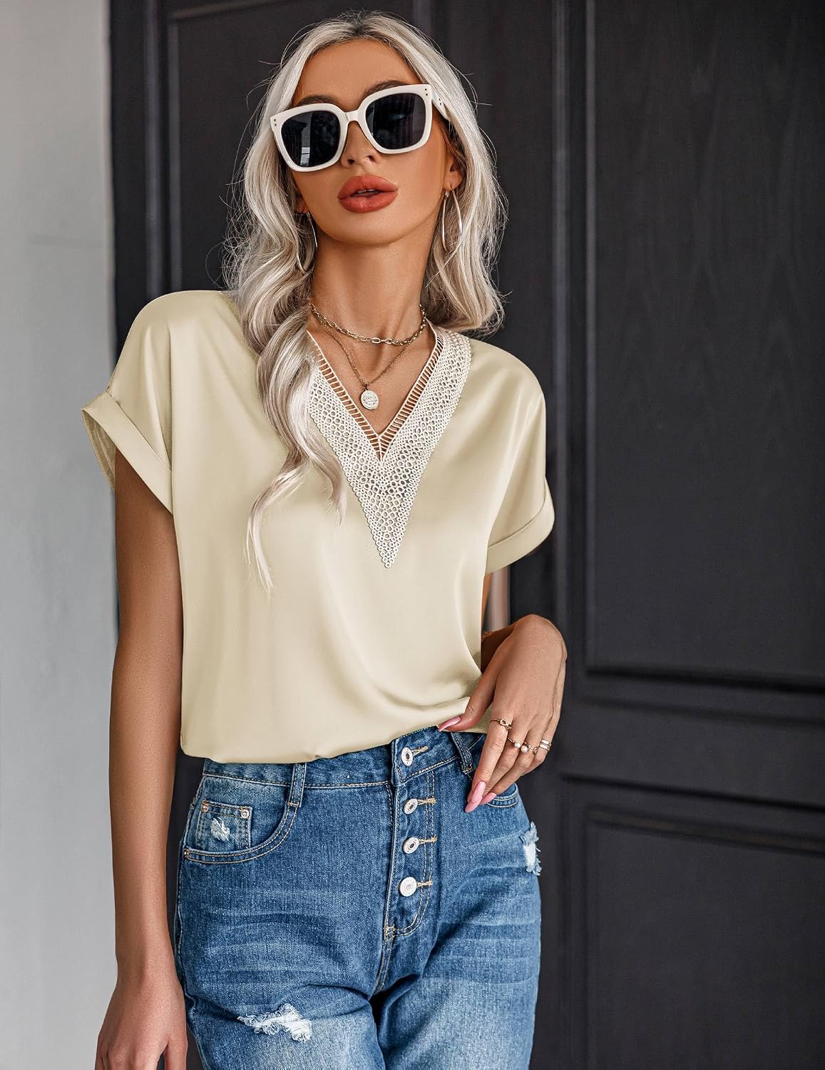 Zeagoo Dam-t-shirt, satinblus, spets, v-ringad, skjorta, eleganta blusar, kortärmad tunika, topp, lediga toppar, sommar, lösa toppar