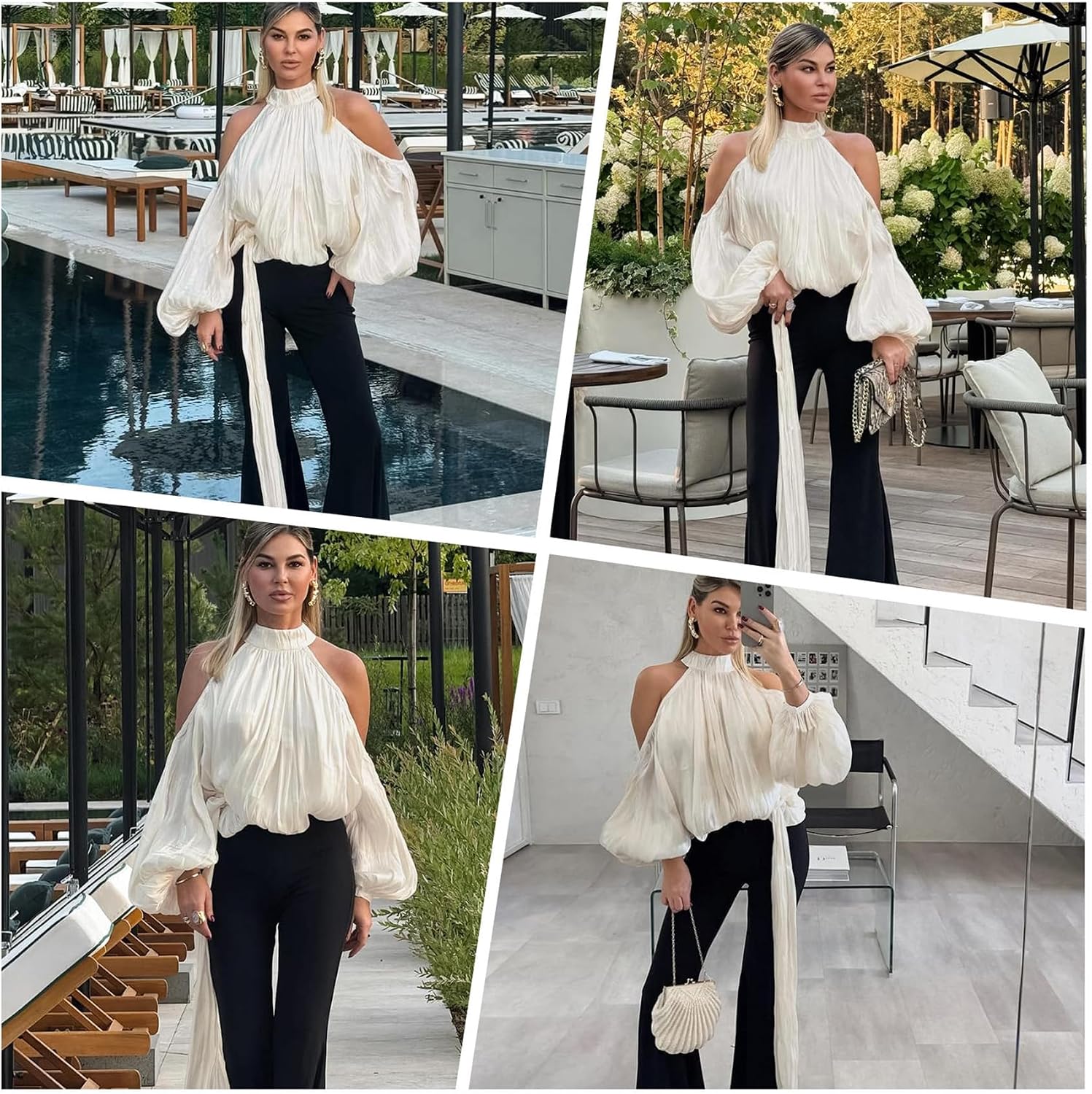 Blus med puffärmar damer elegant sexig axellös halsringning skjortor tunika toppar för fest, klubb, festlig, semester, bröllopsgäster