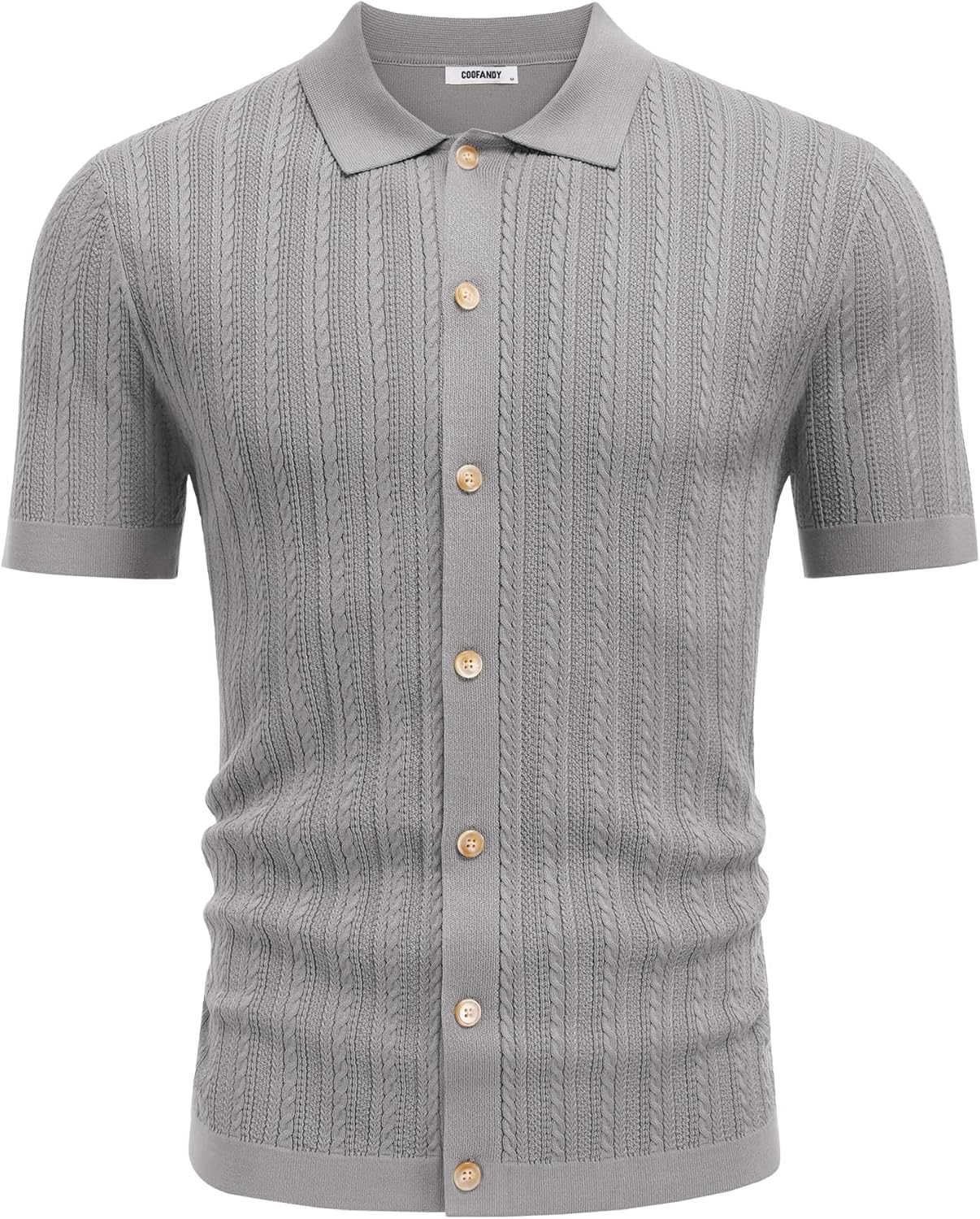 COOFANDY Herr kortärmad stickad pikétröja stretch kabel stickad full knapp golfskjorta polo t-shirt
