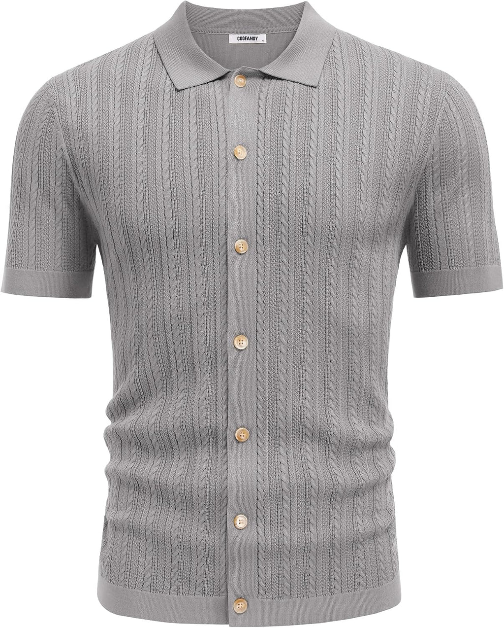 COOFANDY Herr kortärmad stickad pikétröja stretch kabel stickad full knapp golfskjorta polo t-shirt