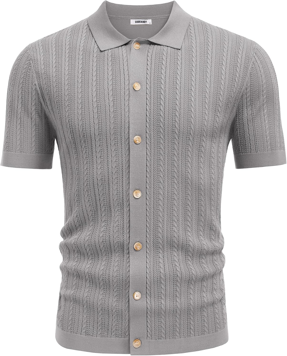 COOFANDY Herr kortärmad stickad pikétröja stretch kabel stickad full knapp golfskjorta polo t-shirt