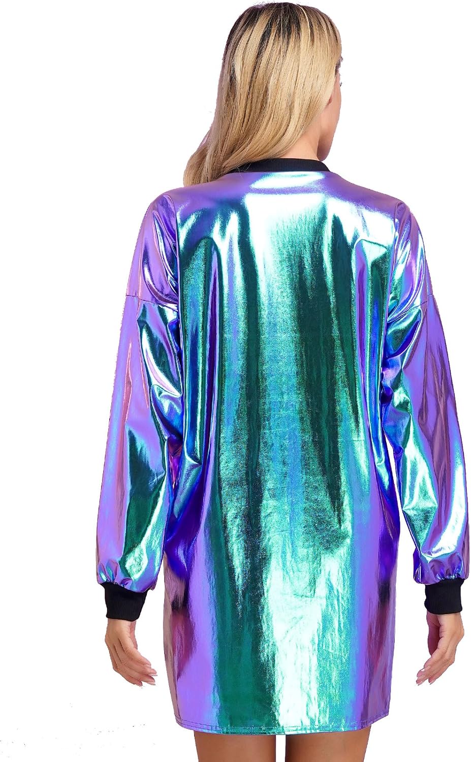 Kvinnlig Metallisk Glänsande Discodans Tshirtklänning Med Långa Ärmar Och Ribbade Kantar Slapp Och Rakt Cut