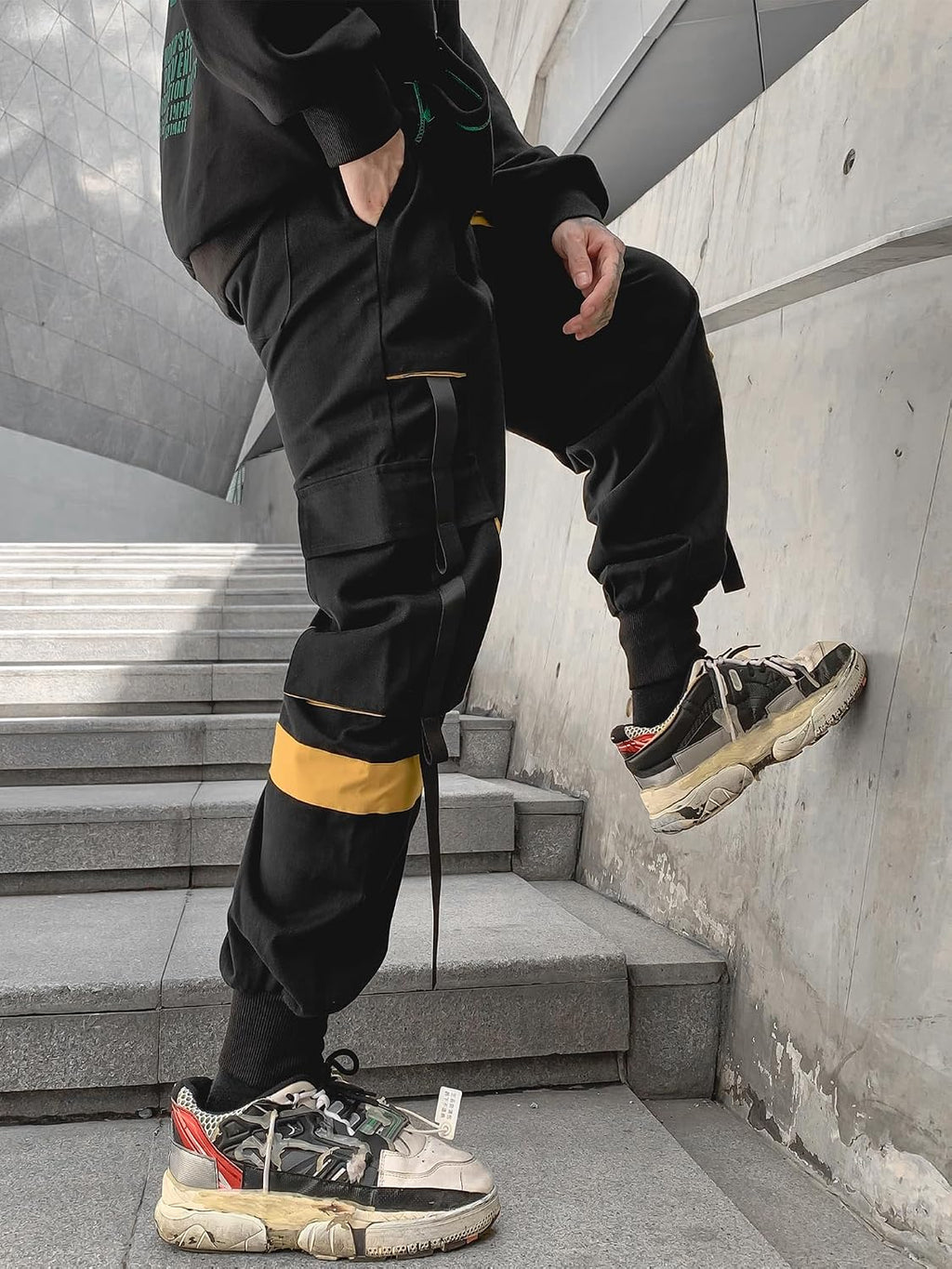 Herrjoggingbyxor punk cargo baggy techwear streetwear hiphop par kvinnor unisex sport vardagsbyxor, Svartgul, XL