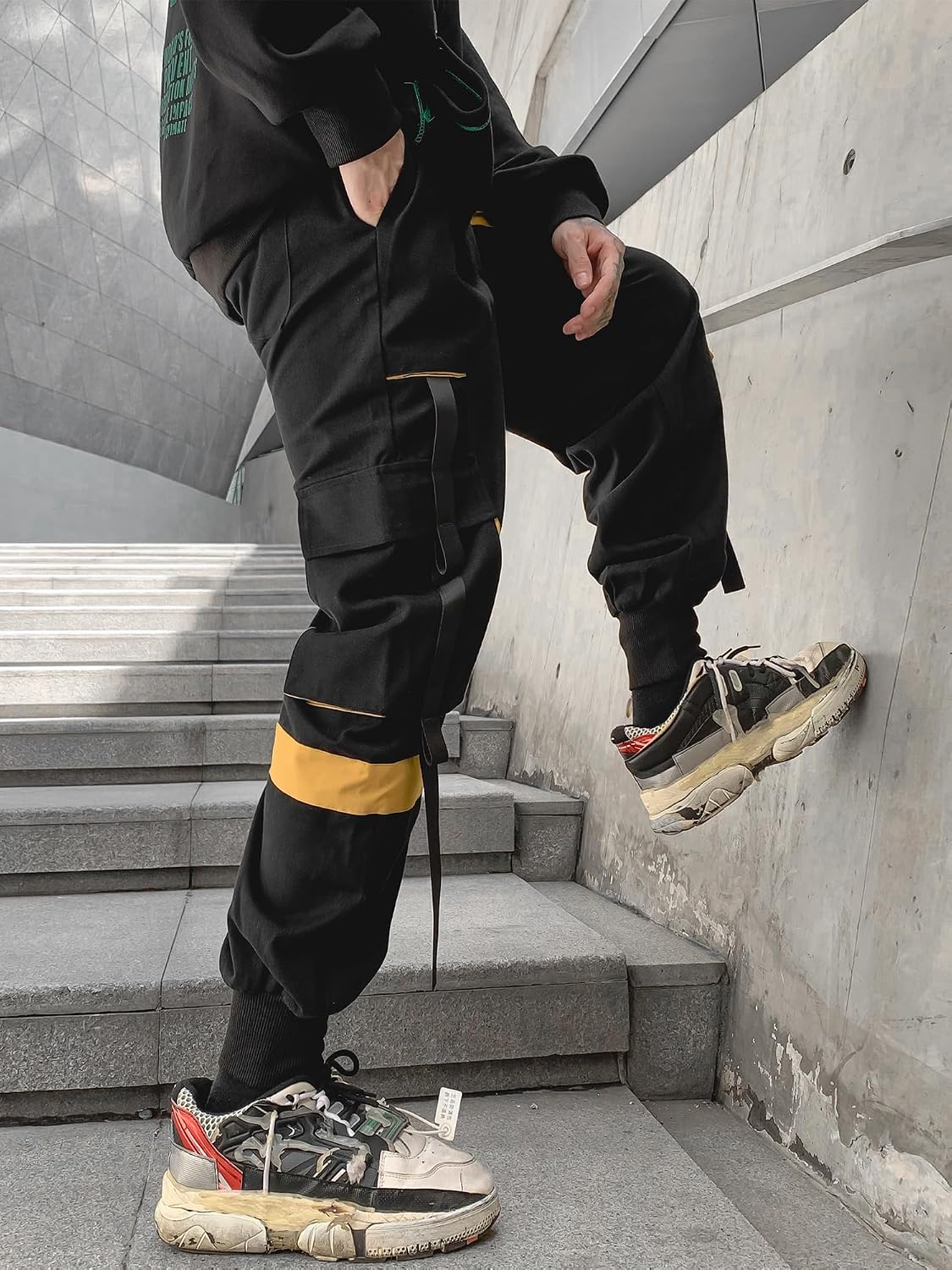Herrjoggingbyxor punk cargo baggy techwear streetwear hiphop par kvinnor unisex sport vardagsbyxor, Svartgul, XL