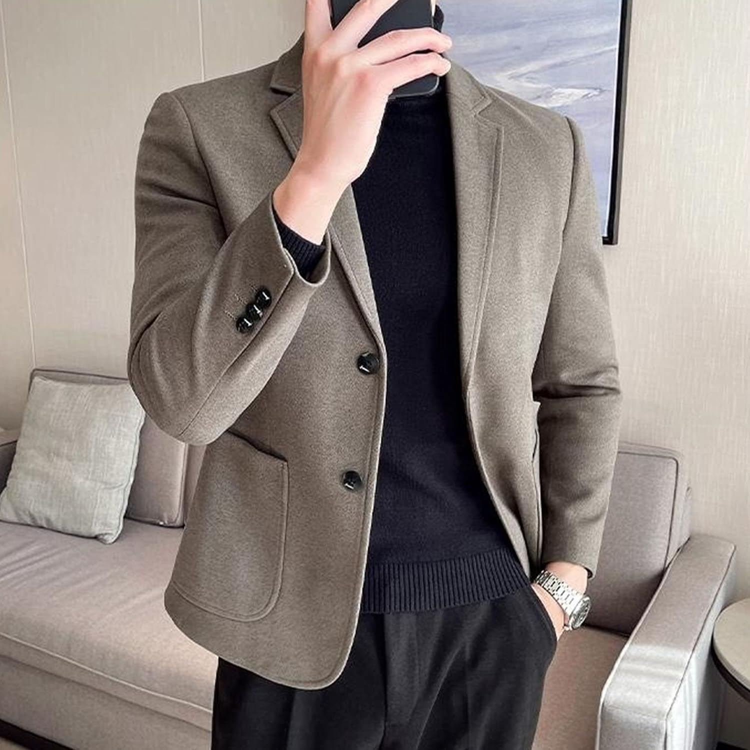 Män lätt tjock ullblandning kappa smal passform bekväm business vardaglig kavaj vårtandad kostym jacka