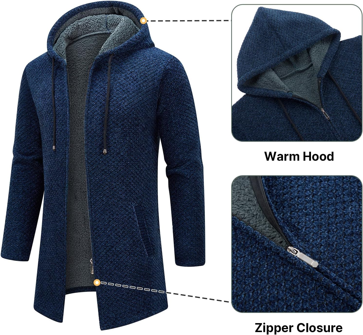 KUDORO Herrcardigan lång väst med dragkedja stickad kofta huvtröja tjock och ledig fleece tröja huvtröja