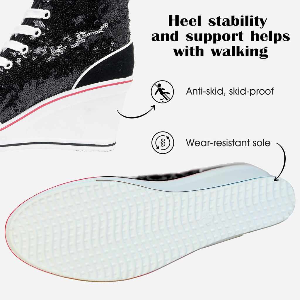 Högklackade blingskor för kvinnor vardagsskor mode glittrande sneakers för promenadplattform kilpumpskor