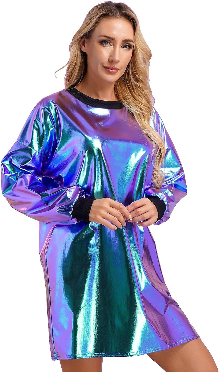 Kvinnlig Metallisk Glänsande Discodans Tshirtklänning Med Långa Ärmar Och Ribbade Kantar Slapp Och Rakt Cut
