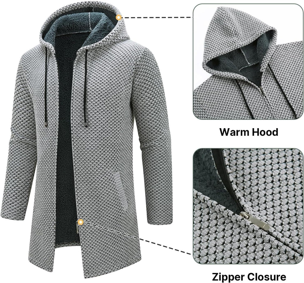 KUDORO Herrcardigan lång väst med dragkedja stickad kofta huvtröja tjock och ledig fleece tröja huvtröja