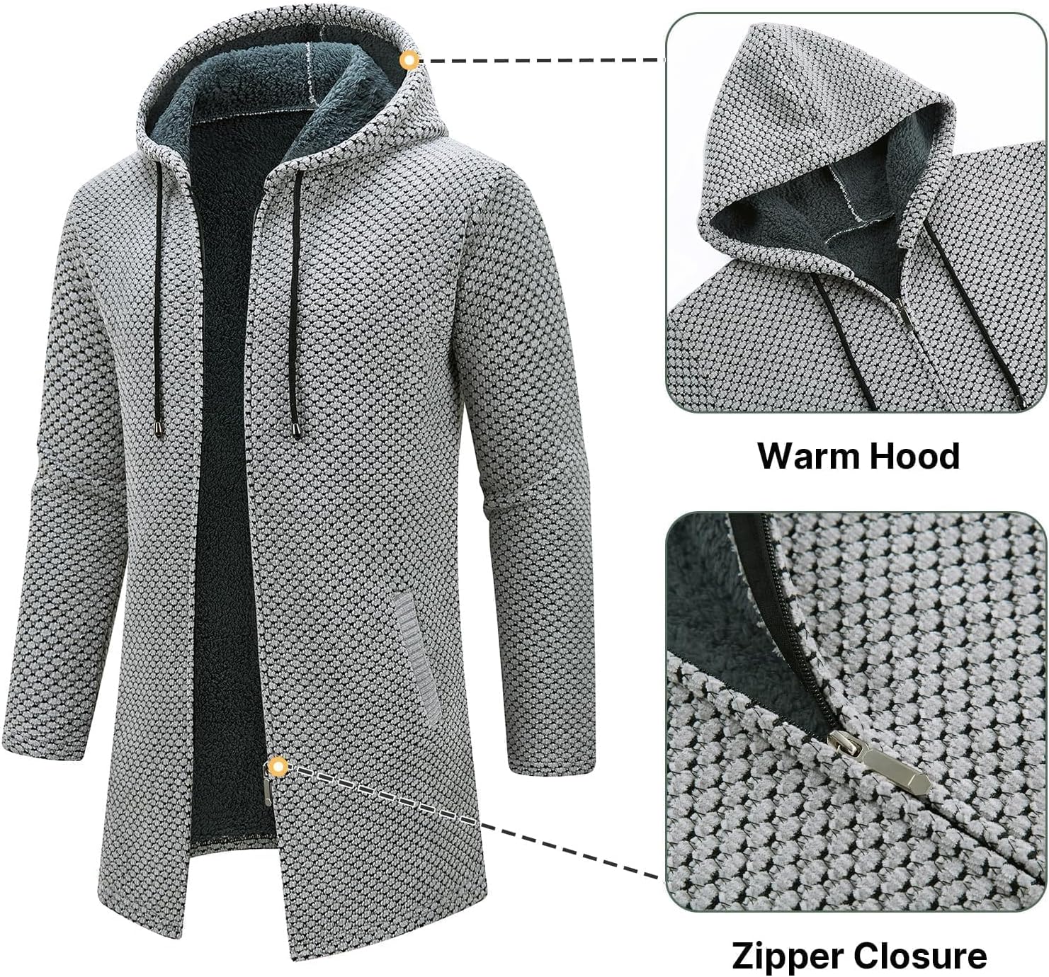 KUDORO Herrcardigan lång väst med dragkedja stickad kofta huvtröja tjock och ledig fleece tröja huvtröja