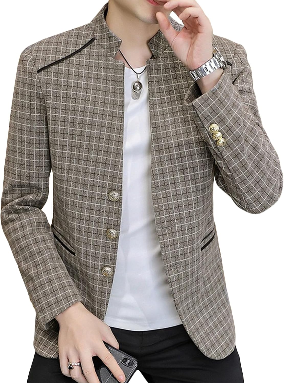 Män stående krage bankett blazer kappa klassisk bröllopsfest 3-knappars rutig jacka vår tunn daglig affärsdräkt jacka
