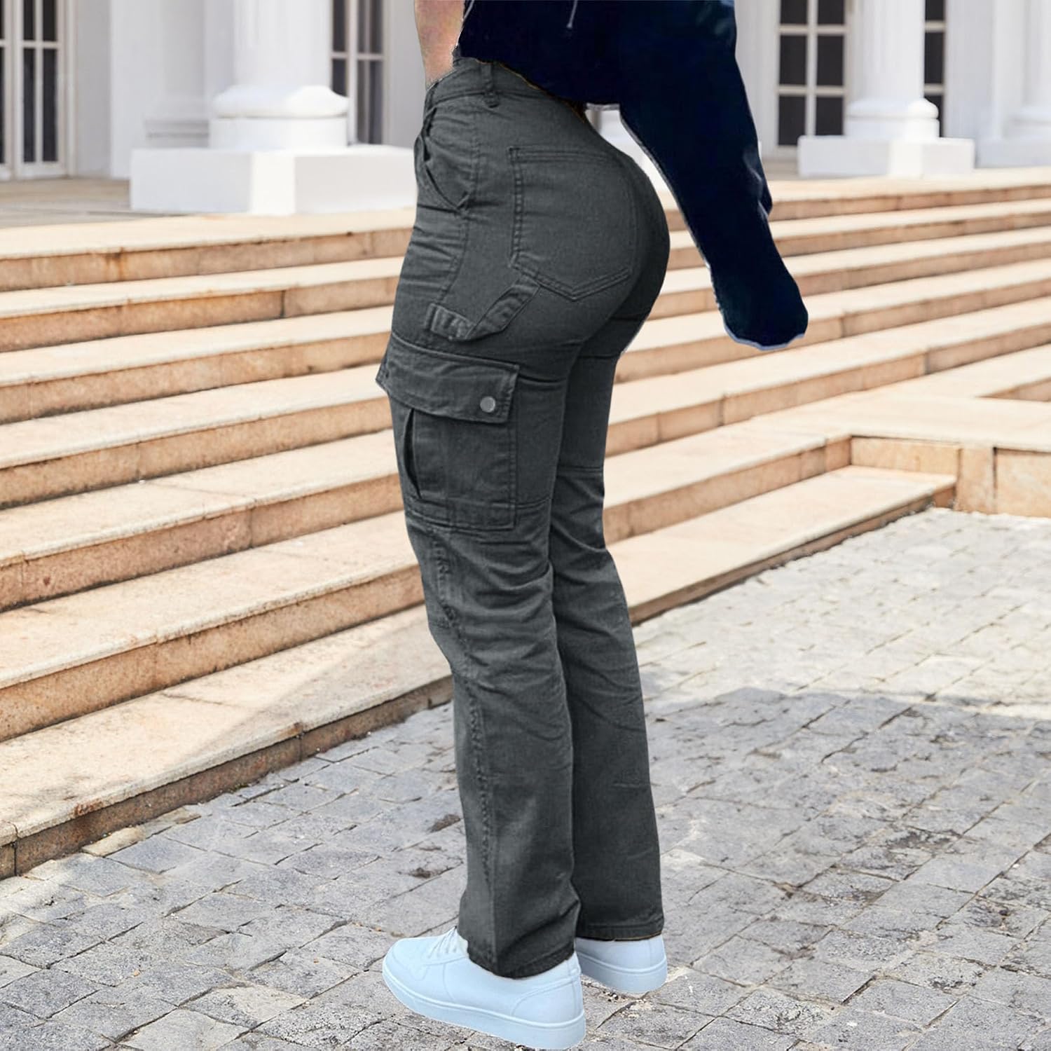 Cargobyxor för kvinnor hög midja raka ben vardagliga arbetsbyxor multi lös passform streetwear byxor