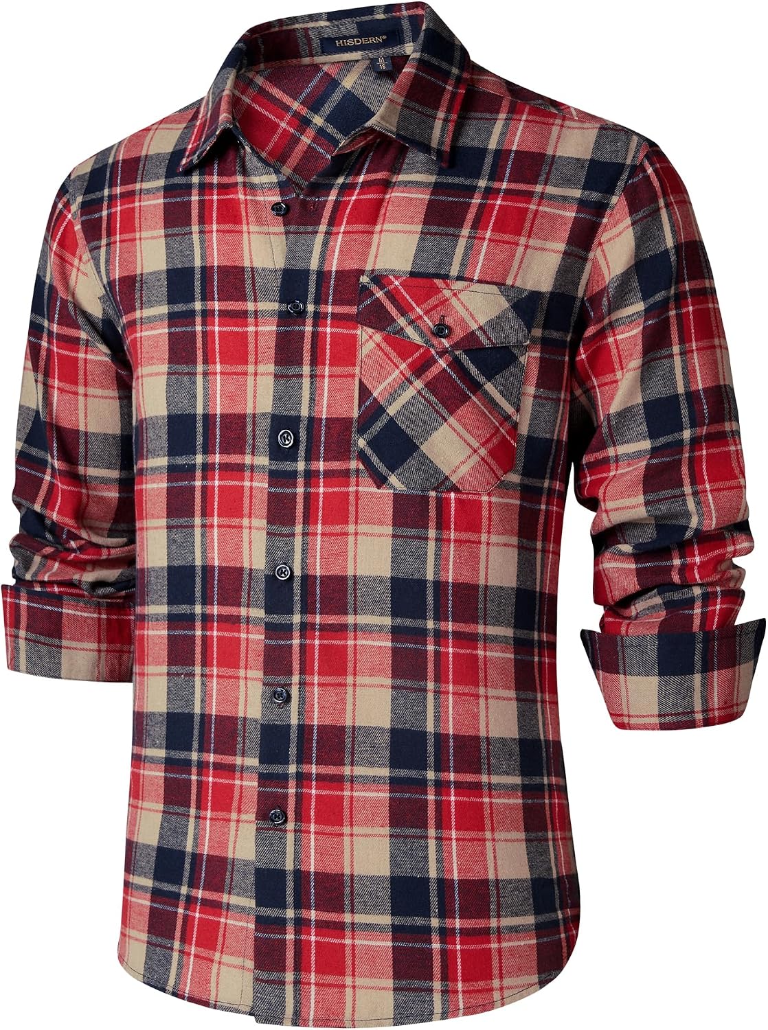HISDERN Långärmad vardaglig rutig flanellskjorta rutig tartan button-down-skjortor för män S-4XL